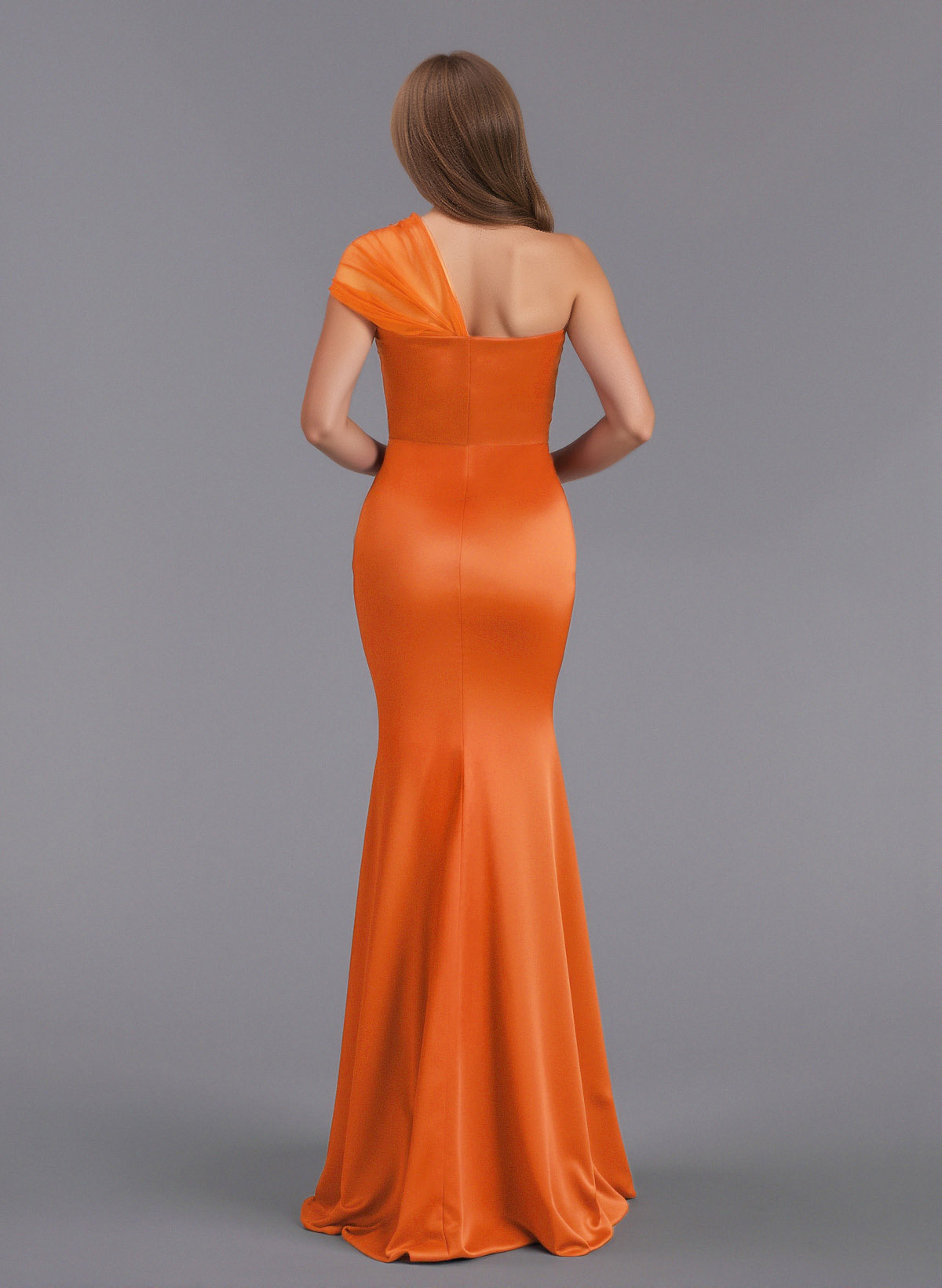 Elegant Tulle One-Shoulder Trumpet/Mermaid Floor-Length Satin Bridesmaid Dresses, product image 2