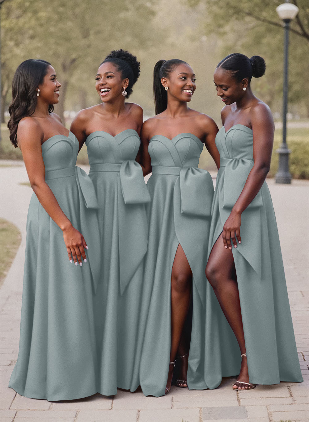 A-Line Sweetheart Sleeveless Satin Bridesmaid Dresses With Bow(s)/High Split