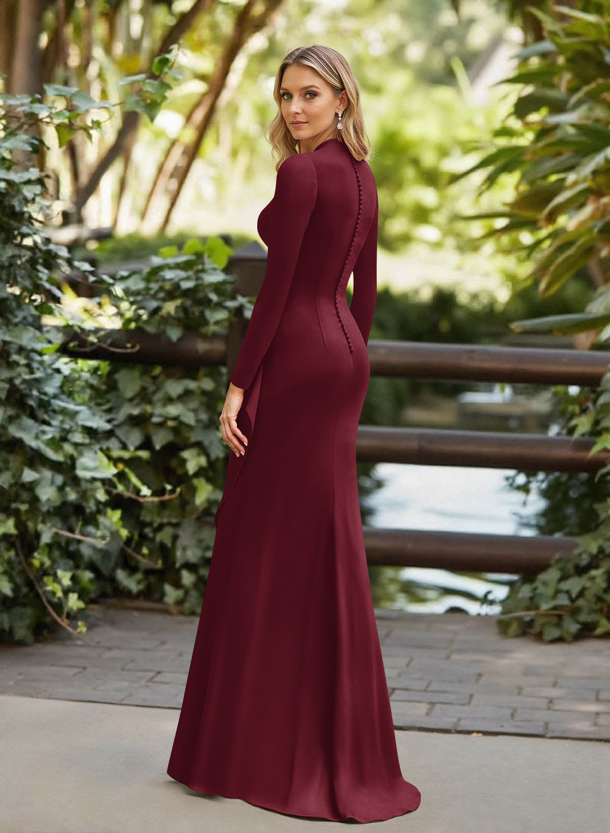 Trumpet/Mermaid Plunge Neck Long Sleeves Floor-Length Crepe Satin Mother Of The Bride Dresses