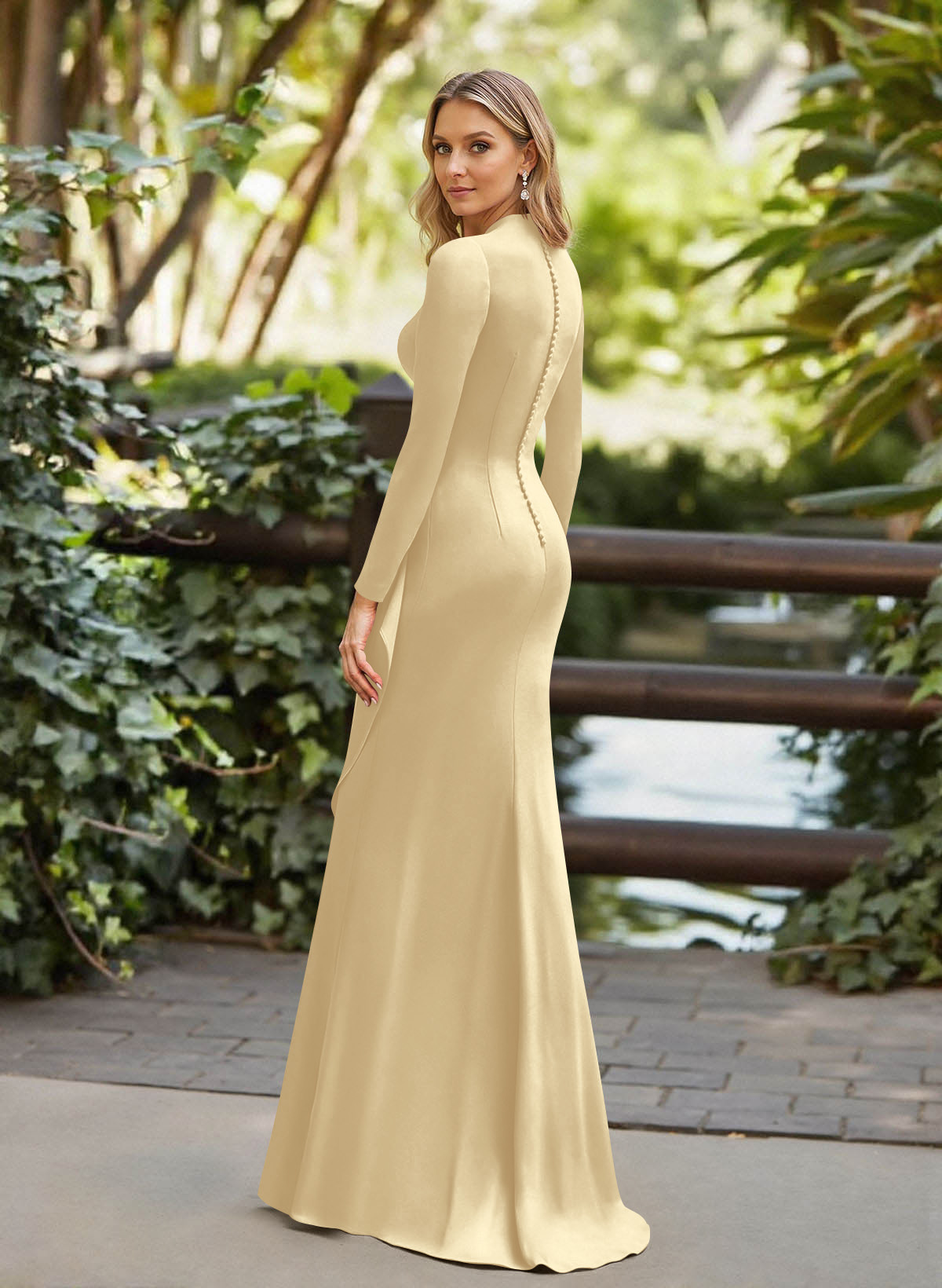 Trumpet/Mermaid Plunge Neck Long Sleeves Floor-Length Crepe Satin Mother Of The Bride Dresses