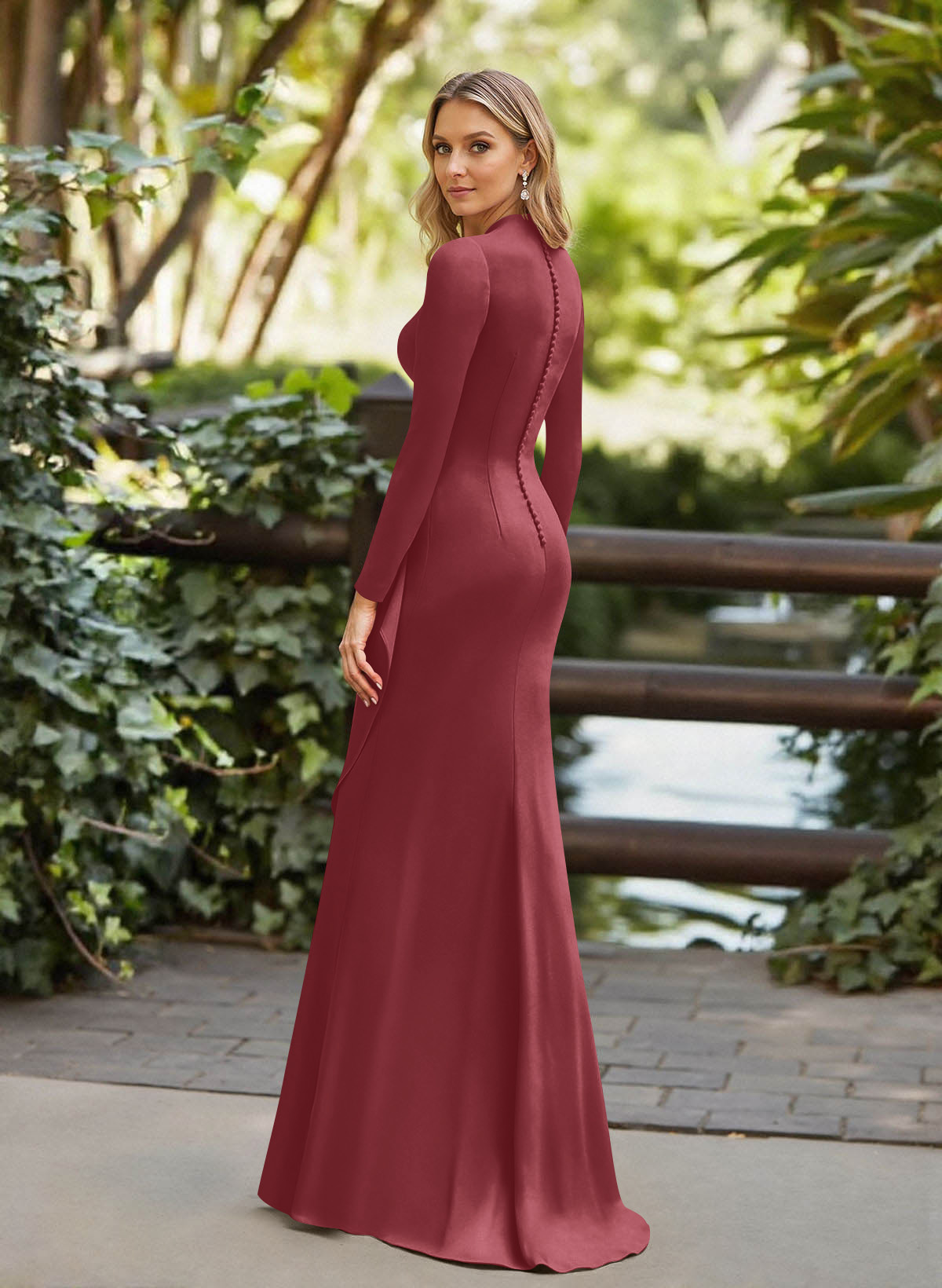 Trumpet/Mermaid Plunge Neck Long Sleeves Floor-Length Crepe Satin Mother Of The Bride Dresses