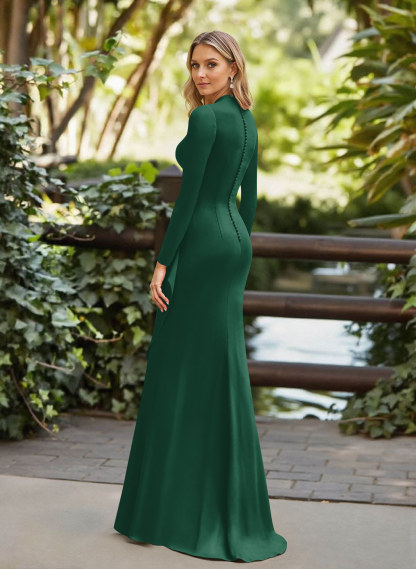 Trumpet/Mermaid Plunge Neck Long Sleeves Floor-Length Crepe Satin Mother Of The Bride Dresses