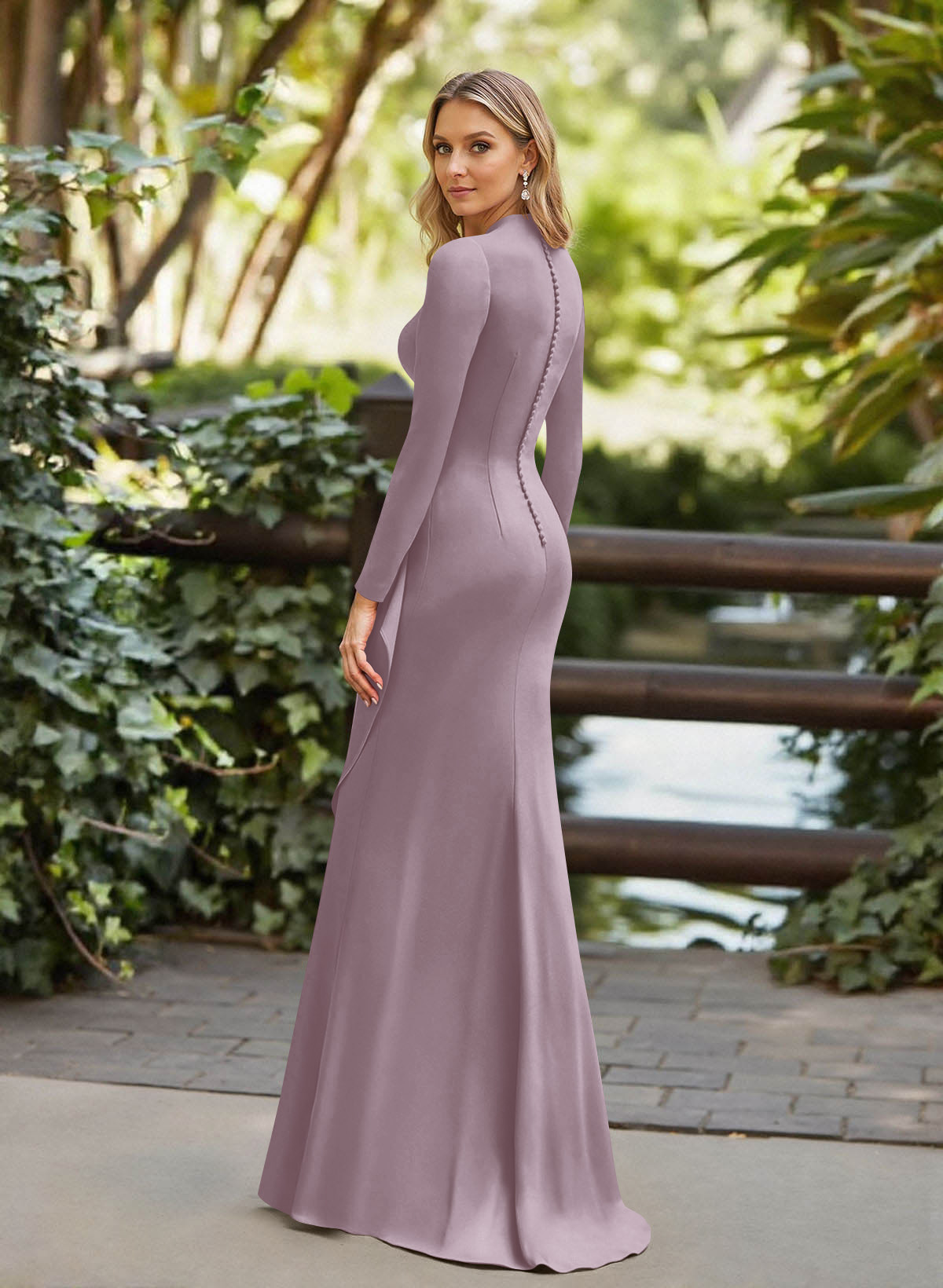 Trumpet/Mermaid Plunge Neck Long Sleeves Floor-Length Crepe Satin Mother Of The Bride Dresses
