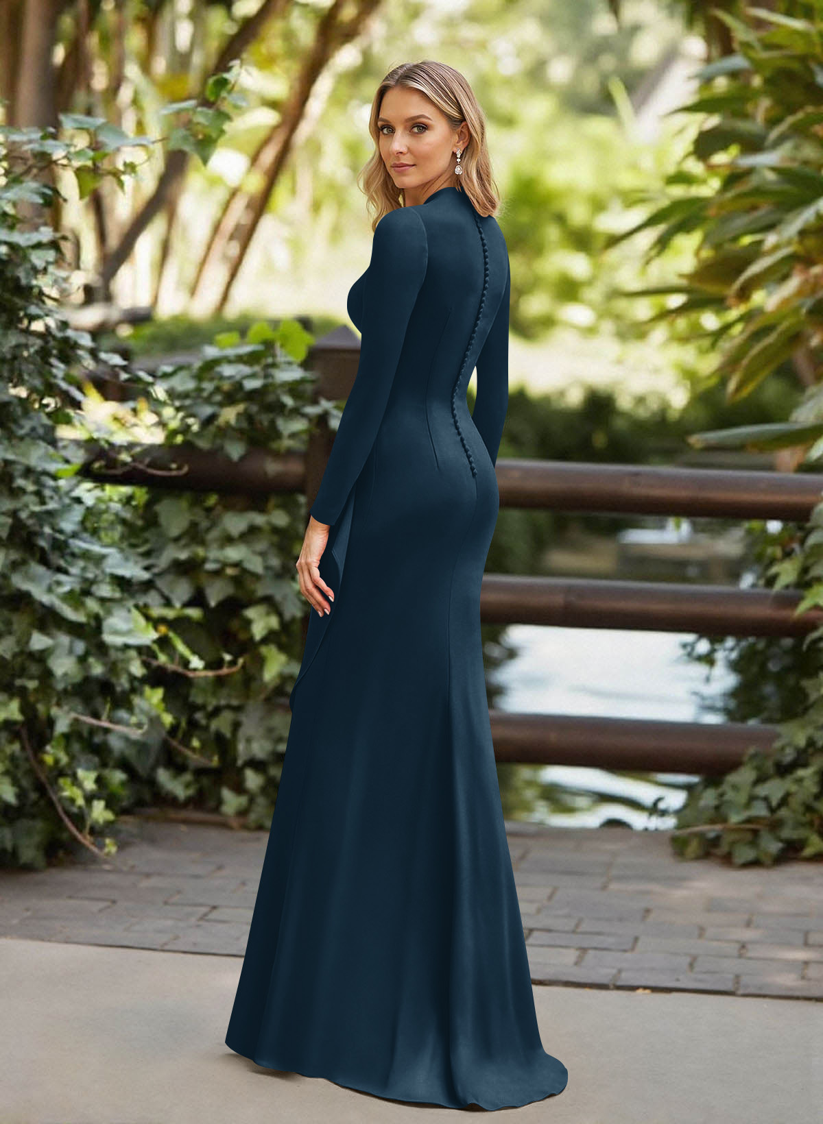 Trumpet/Mermaid Plunge Neck Long Sleeves Floor-Length Crepe Satin Mother Of The Bride Dresses