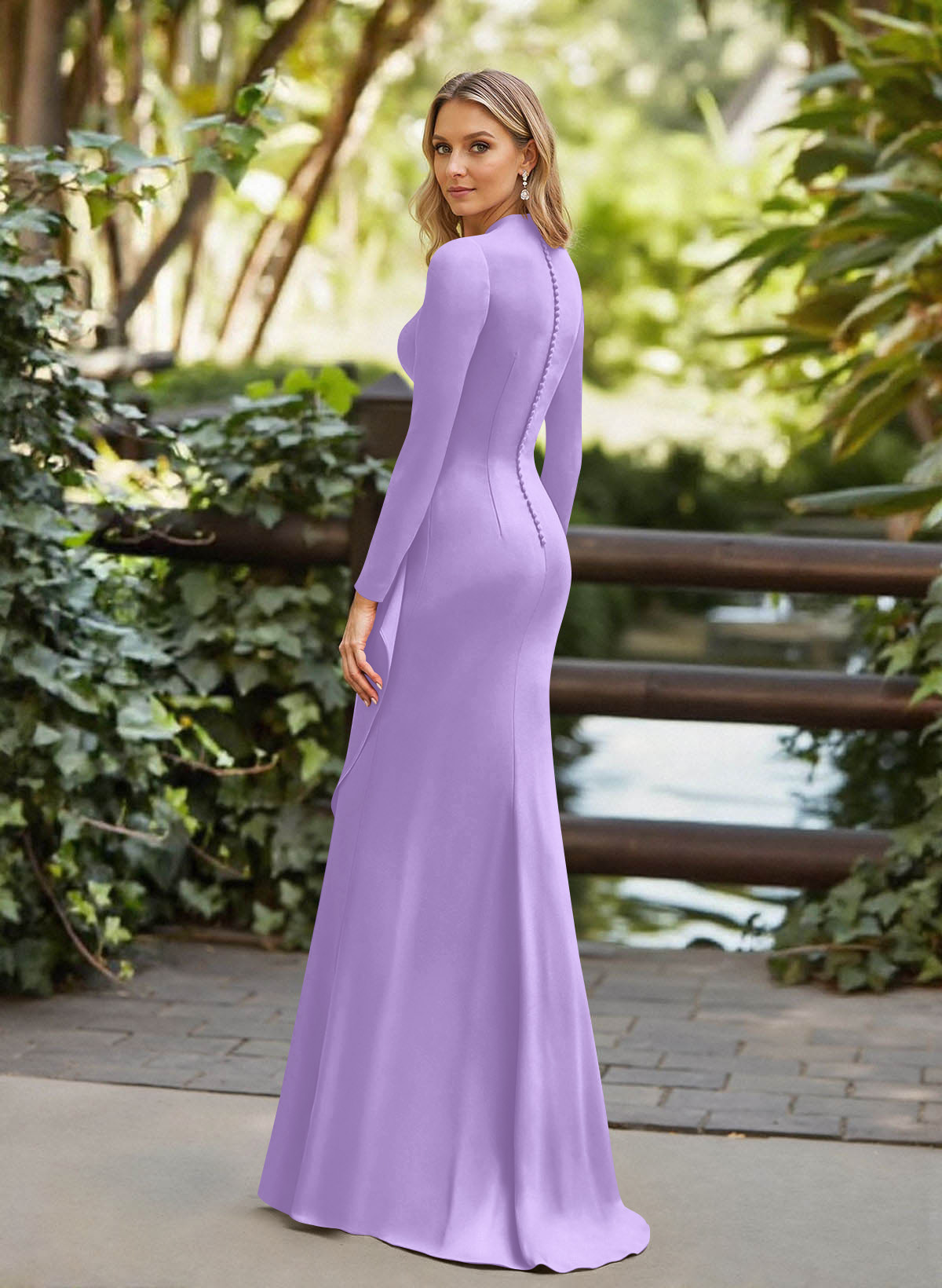 Trumpet/Mermaid Plunge Neck Long Sleeves Floor-Length Crepe Satin Mother Of The Bride Dresses
