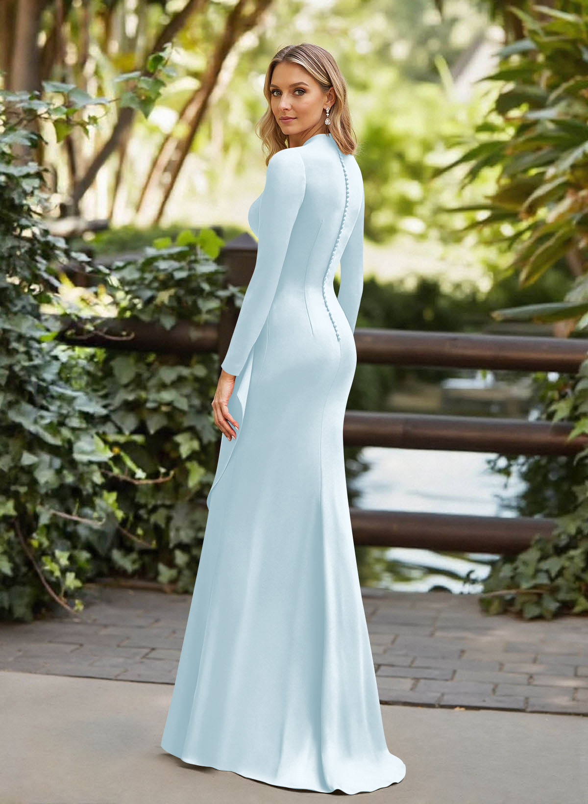 Trumpet/Mermaid Plunge Neck Long Sleeves Floor-Length Crepe Satin Mother Of The Bride Dresses