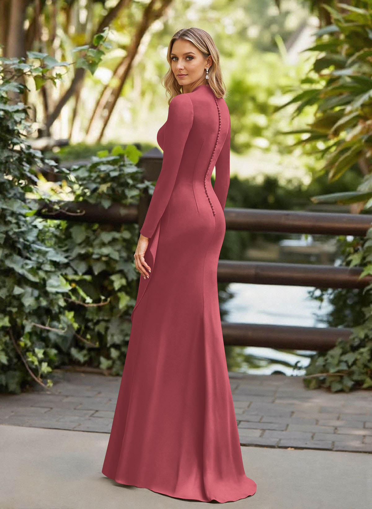 Trumpet/Mermaid Plunge Neck Long Sleeves Floor-Length Crepe Satin Mother Of The Bride Dresses