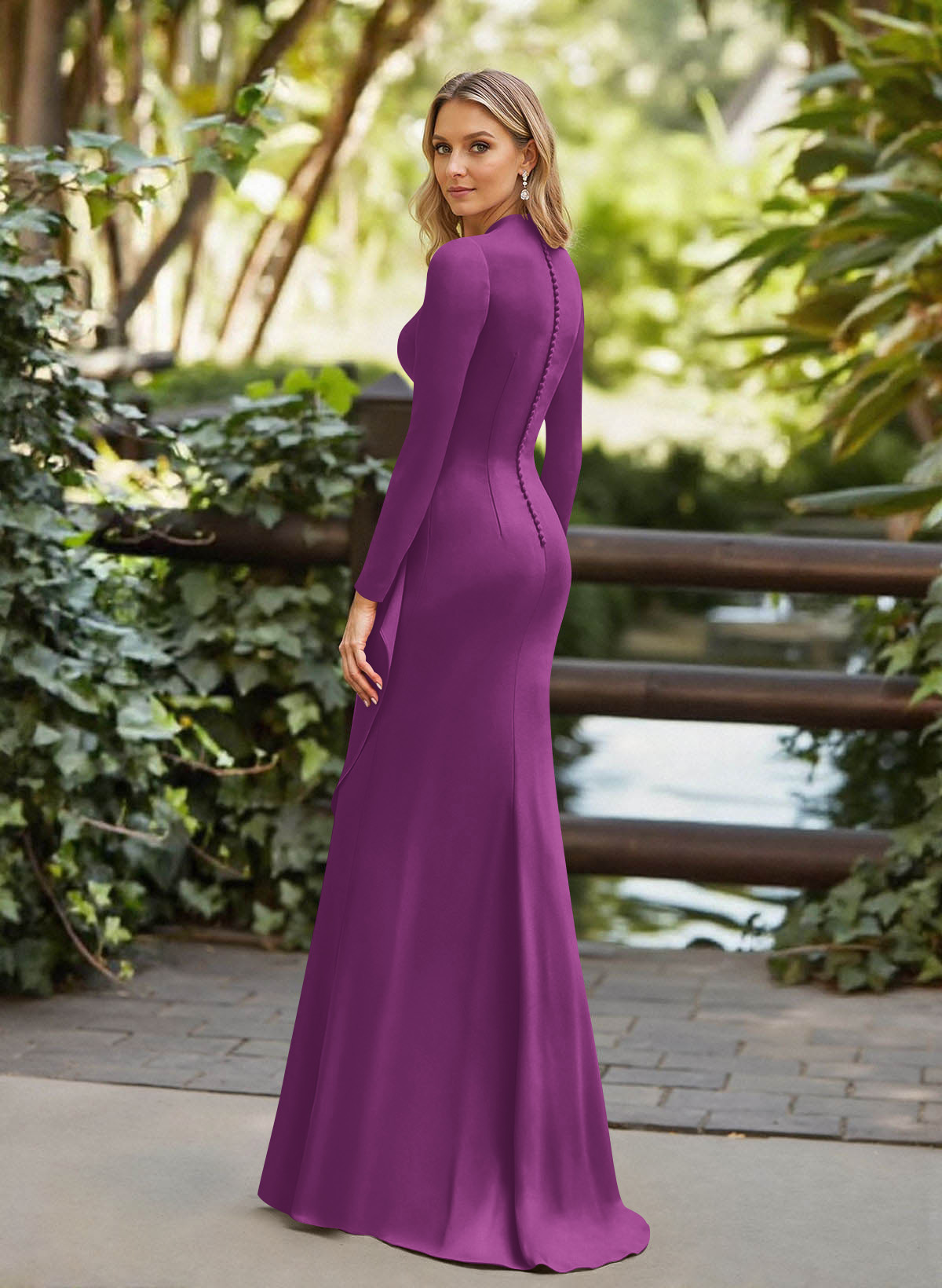 Trumpet/Mermaid Plunge Neck Long Sleeves Floor-Length Crepe Satin Mother Of The Bride Dresses