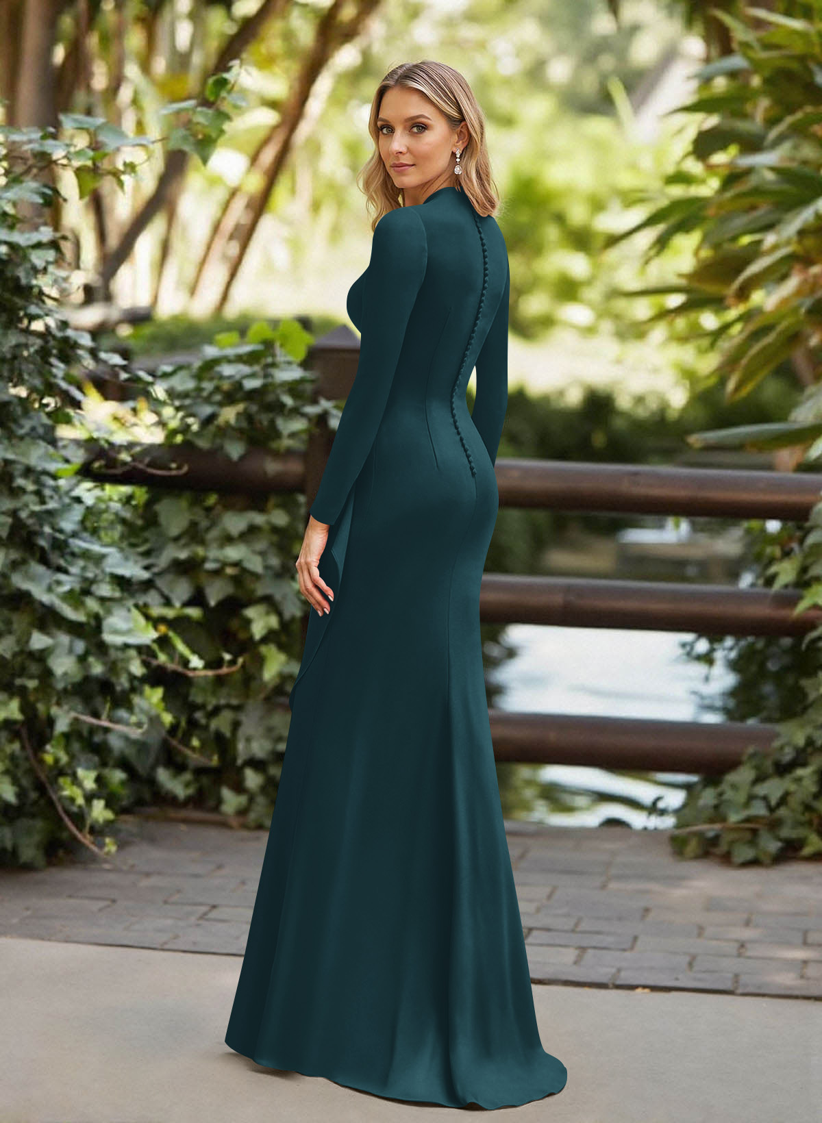 Trumpet/Mermaid Plunge Neck Long Sleeves Floor-Length Crepe Satin Mother Of The Bride Dresses