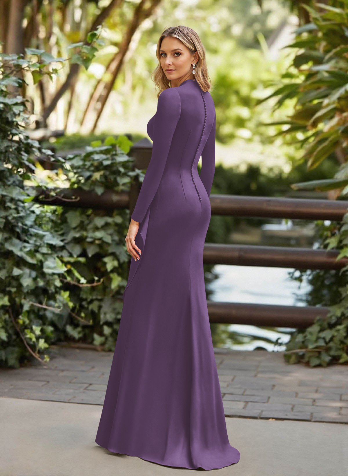 Trumpet/Mermaid Plunge Neck Long Sleeves Floor-Length Crepe Satin Mother Of The Bride Dresses
