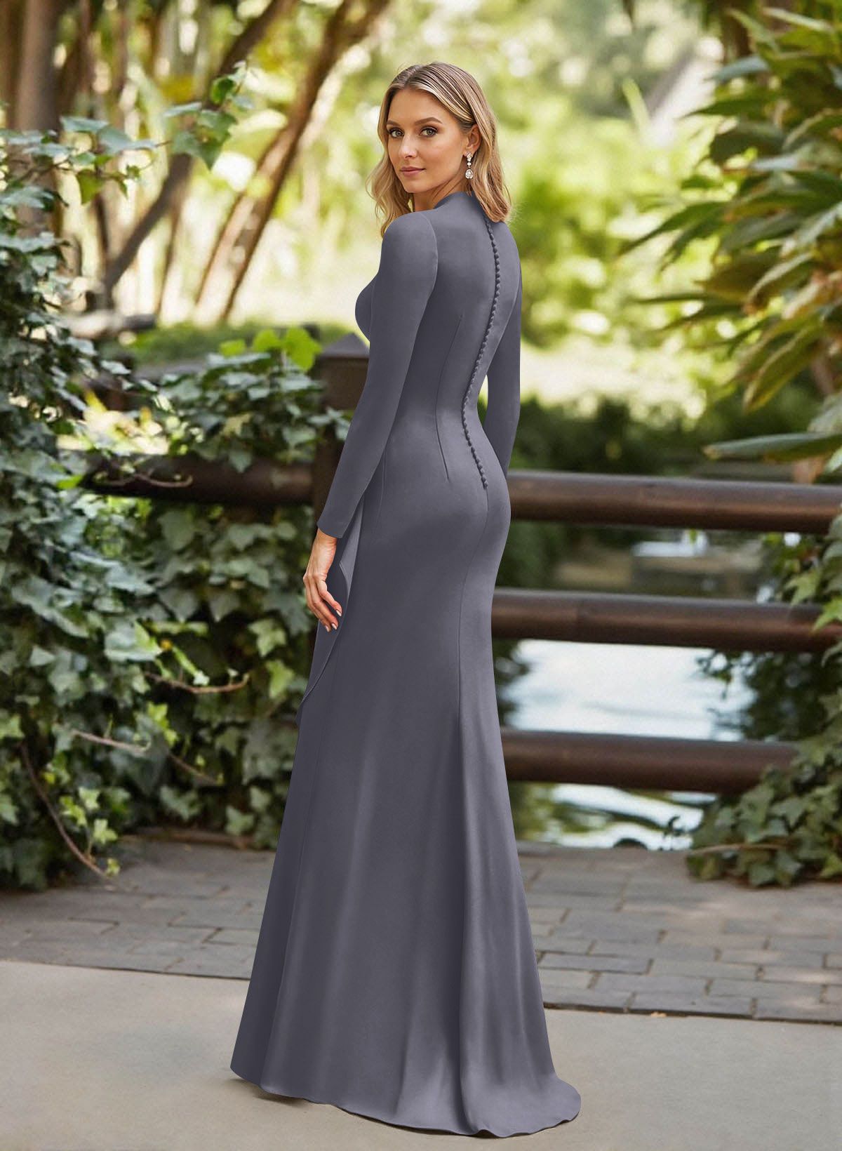 Trumpet/Mermaid Plunge Neck Long Sleeves Floor-Length Crepe Satin Mother Of The Bride Dresses