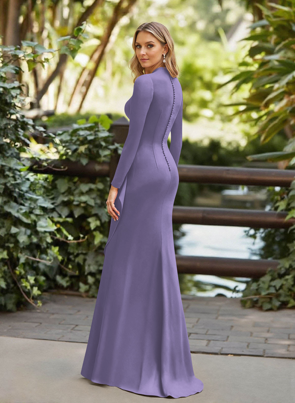 Trumpet/Mermaid Plunge Neck Long Sleeves Floor-Length Crepe Satin Mother Of The Bride Dresses