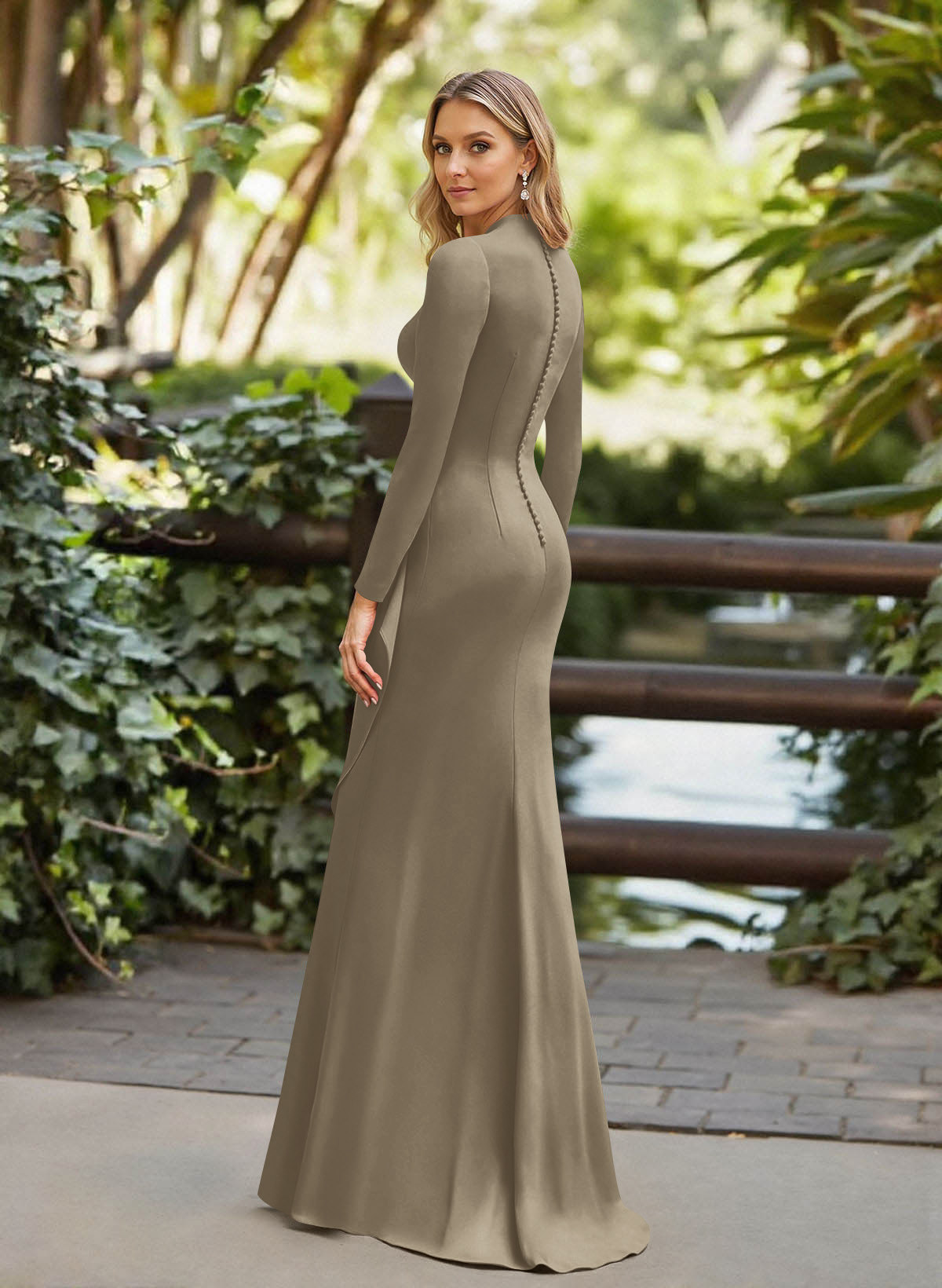 Trumpet/Mermaid Plunge Neck Long Sleeves Floor-Length Crepe Satin Mother Of The Bride Dresses