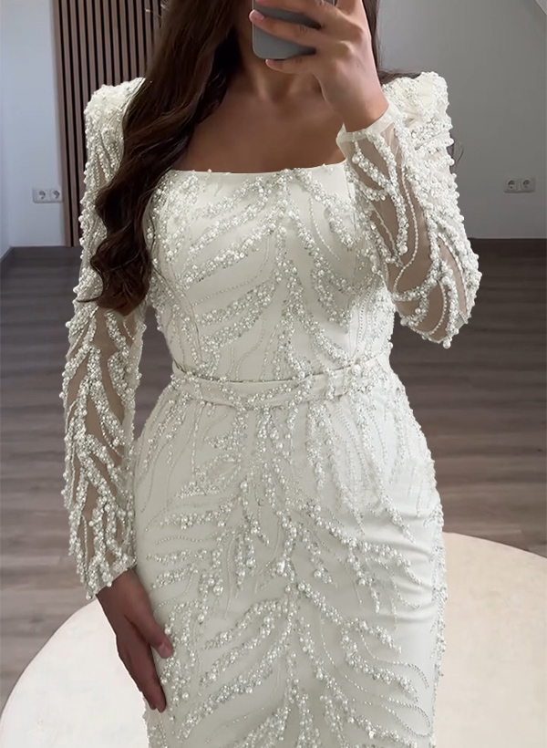 Sheath/Column Square Neckline Long Sleeves Evening Dresses With Beading