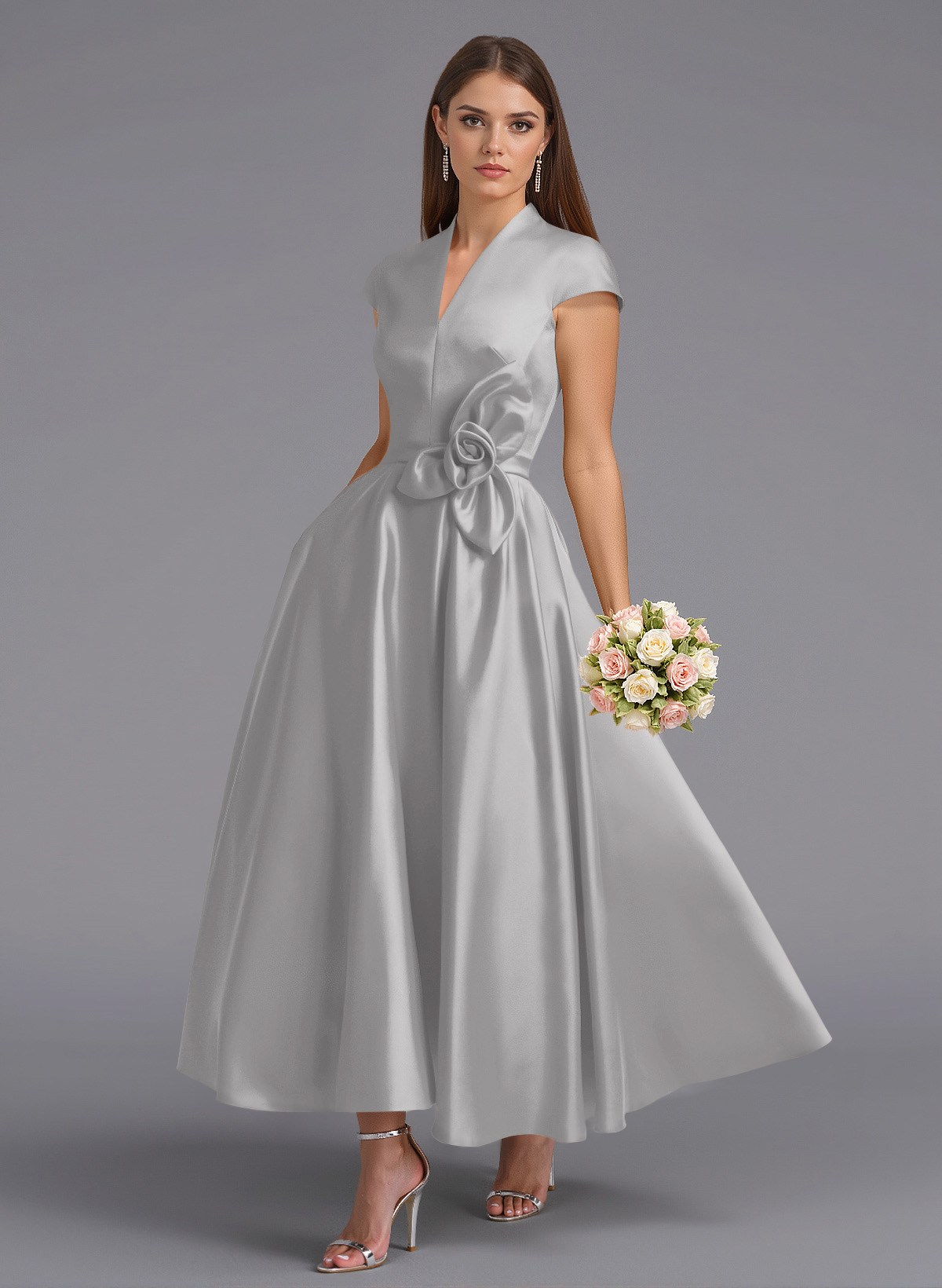 Classic V-Neck Short Sleeves Flower(s) A-Line Ankle-Length Satin Bridesmaid Dresses With Pockets, product image 32
