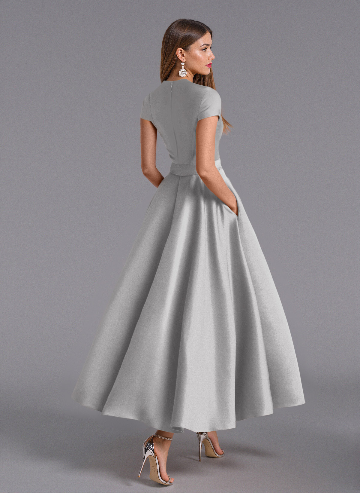 Classic V-Neck Short Sleeves Flower(s) A-Line Ankle-Length Satin Bridesmaid Dresses With Pockets, product image 33