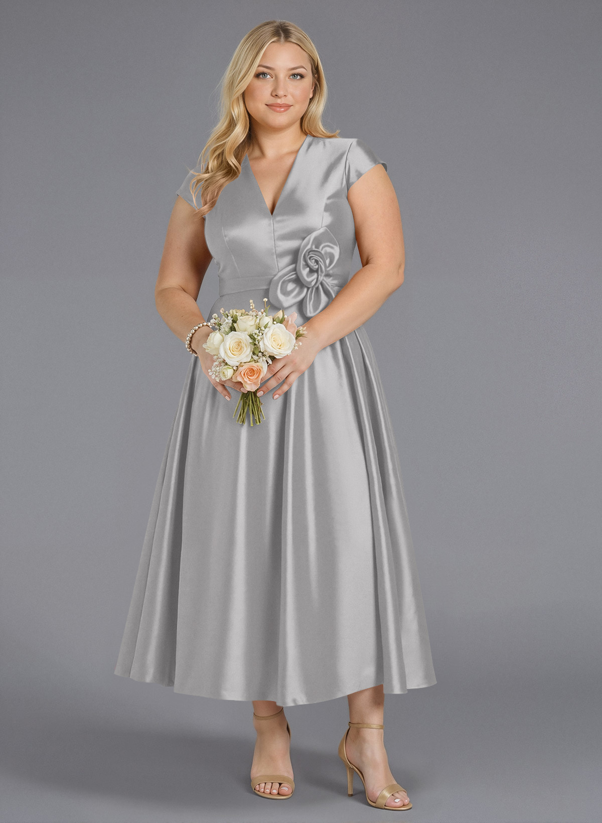 Classic V-Neck Short Sleeves Flower(s) A-Line Ankle-Length Satin Bridesmaid Dresses With Pockets, product image 168
