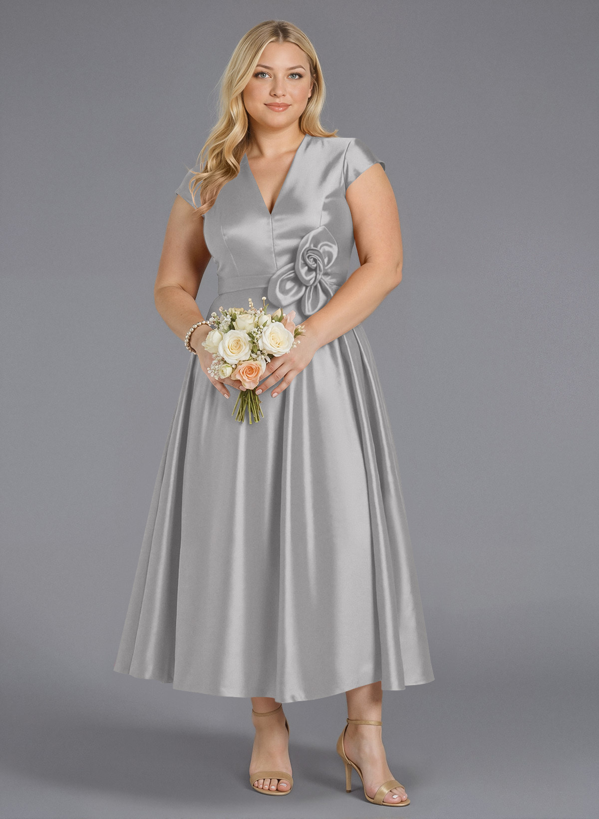 Classic V-Neck Short Sleeves Flower(s) A-Line Ankle-Length Satin Bridesmaid Dresses With Pockets, product image 168