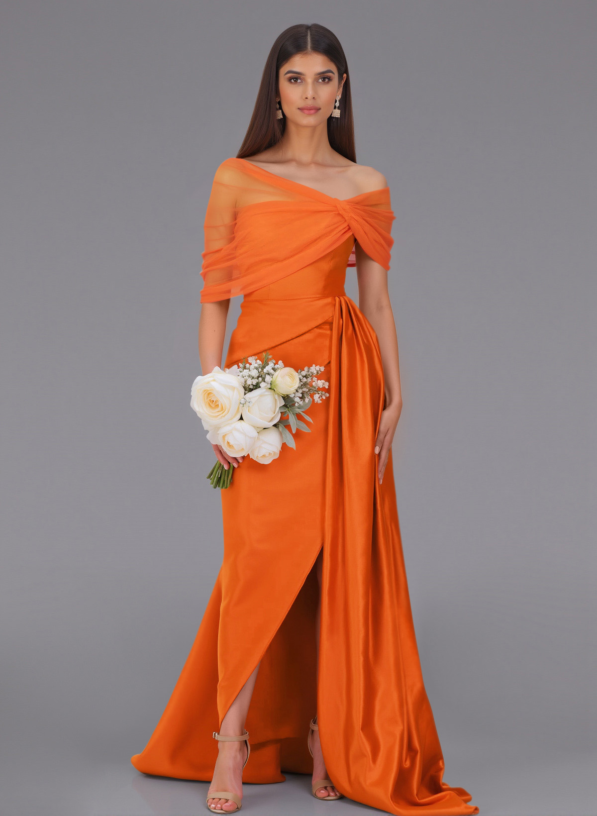 Elegant Tulle Asymmetrical Neckline Satin Bridesmaid Dresses With Split Front/Sweeping Side Drape, product image 1