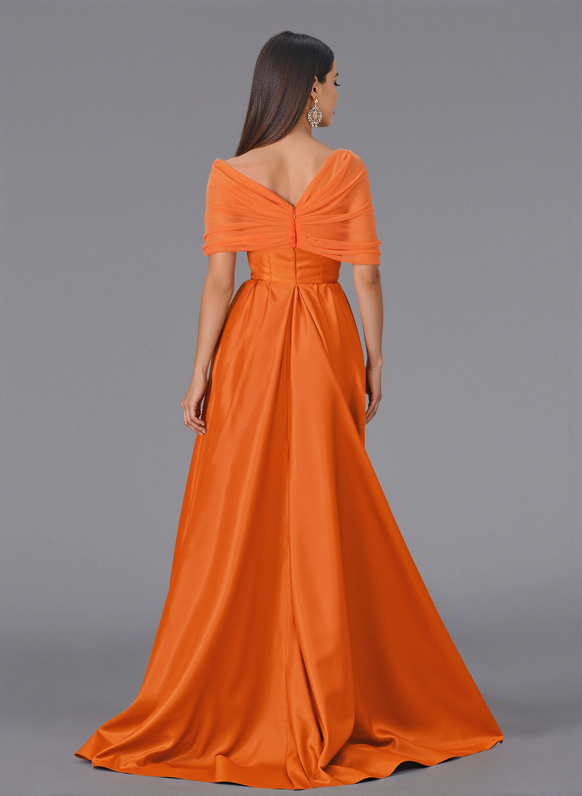 Elegant Tulle Asymmetrical Neckline Satin Bridesmaid Dresses With Split Front/Sweeping Side Drape, product image 2