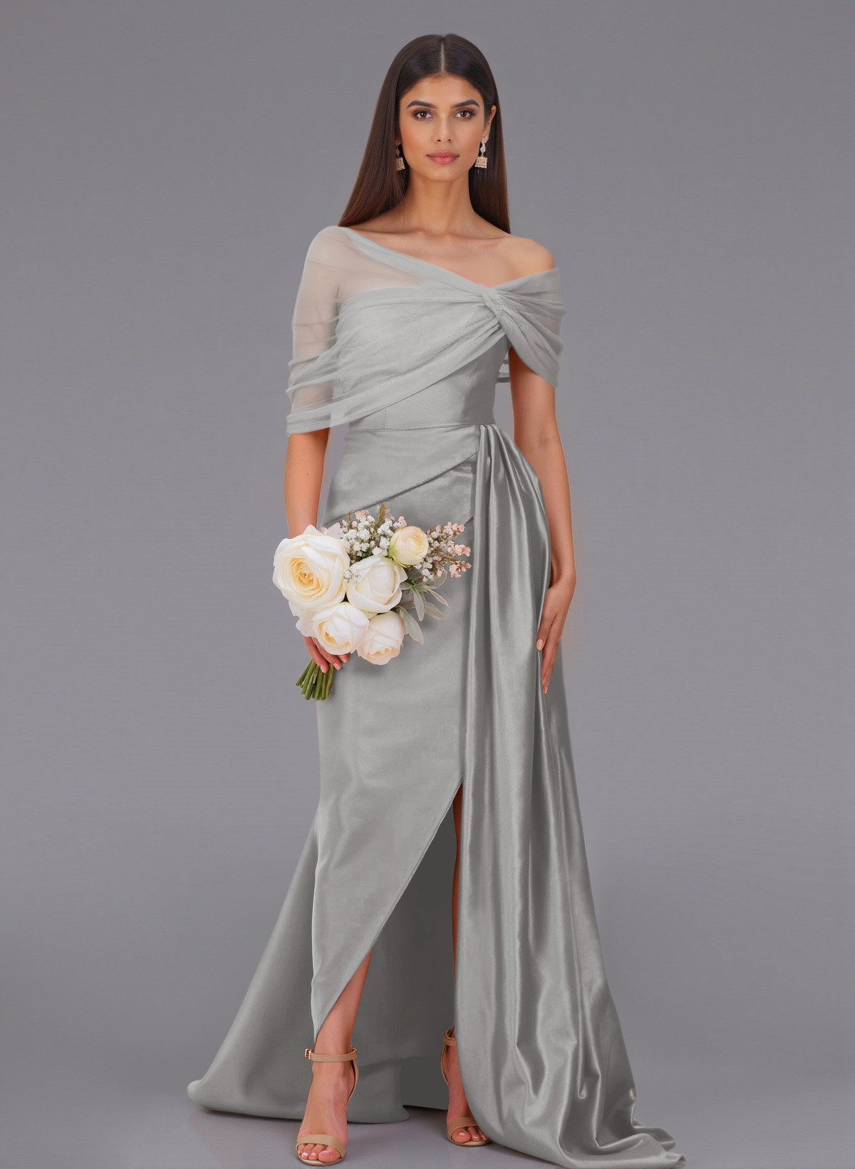 Elegant Tulle Asymmetrical Neckline Satin Bridesmaid Dresses With Split Front/Sweeping Side Drape, product image 27