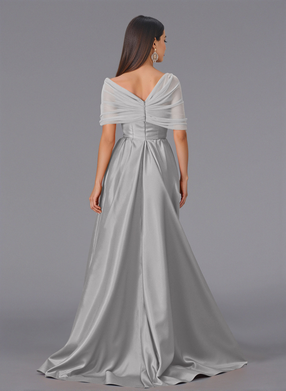 Elegant Tulle Asymmetrical Neckline Satin Bridesmaid Dresses With Split Front/Sweeping Side Drape, product image 28
