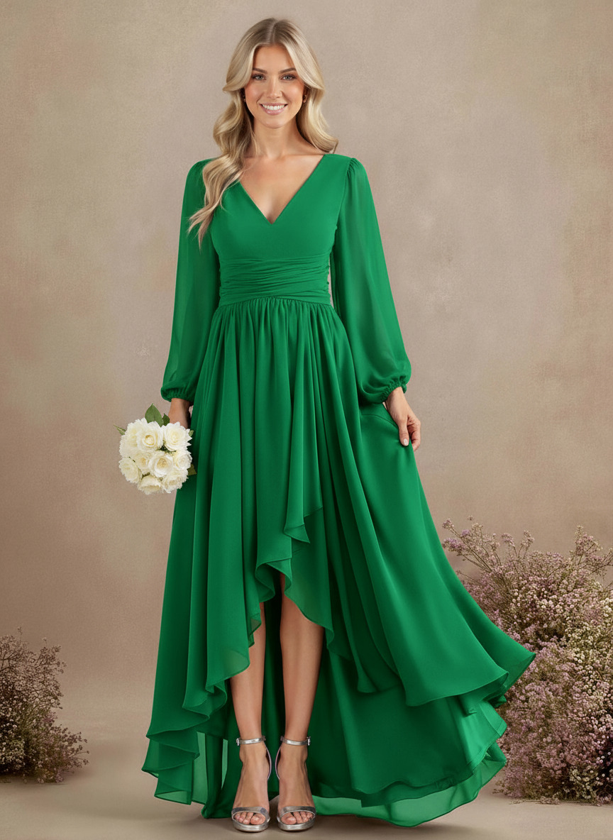 A-Line V-Neck Long Sleeves Floor-Length Chiffon Bridesmaid Dresses With Pleated, product image 73