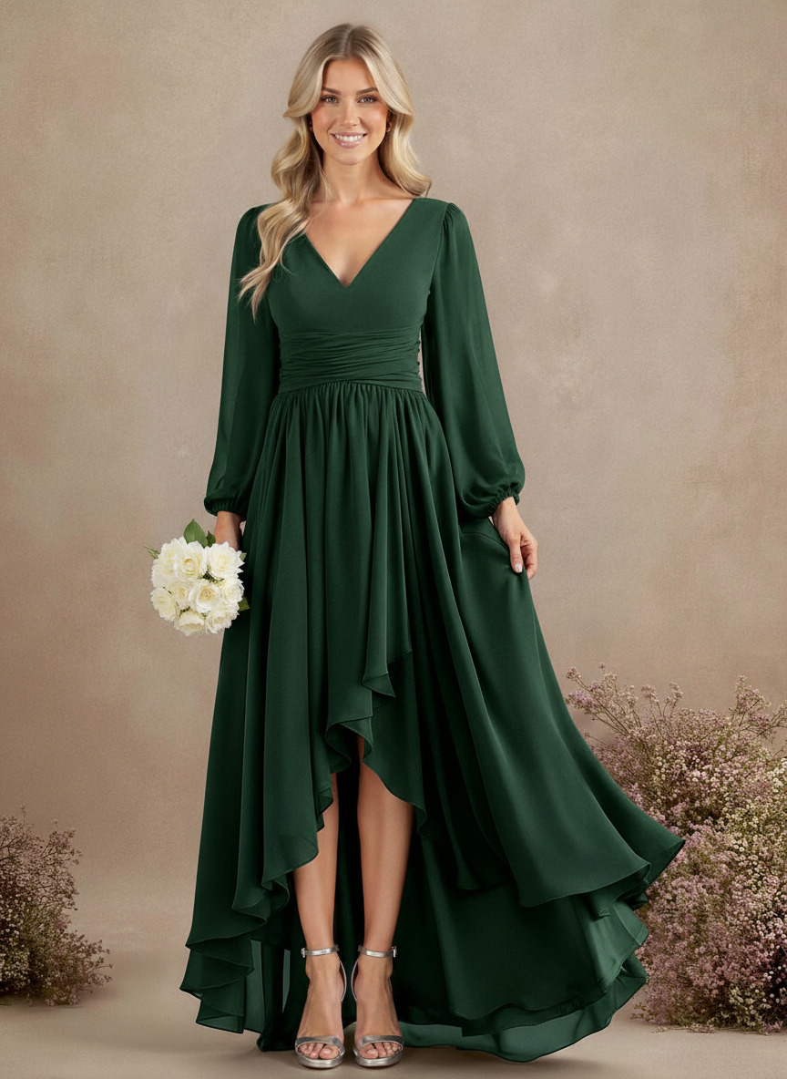 A-Line V-Neck Long Sleeves Floor-Length Chiffon Bridesmaid Dresses With Pleated, product image 71