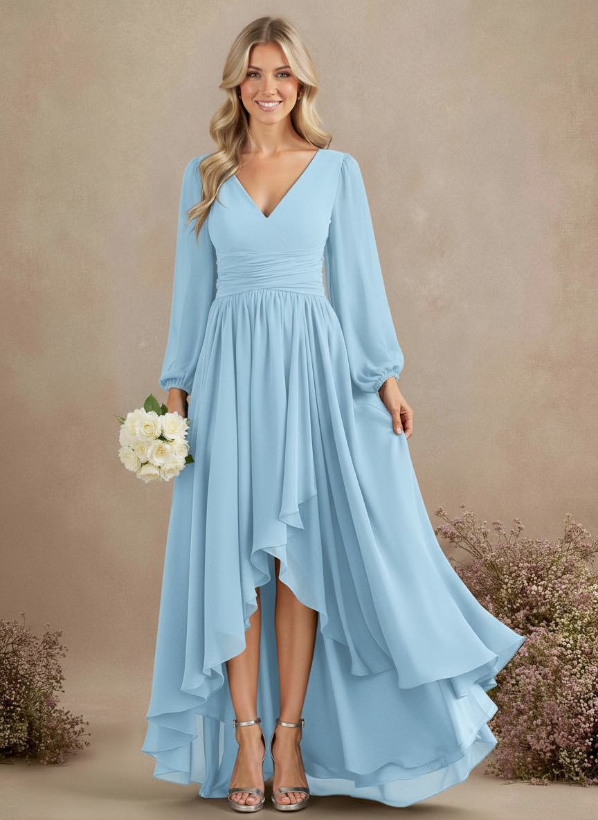 A-Line V-Neck Long Sleeves Floor-Length Chiffon Bridesmaid Dresses With Pleated, product image 70