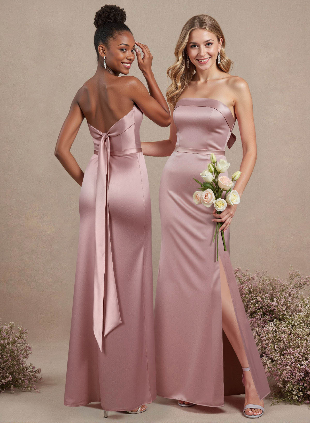 A-Line Strapless Sleeveless Floor-Length Satin Bridesmaid Dresses With Bow(s), product image 2