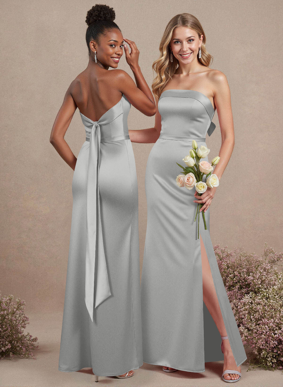 A-Line Strapless Sleeveless Floor-Length Satin Bridesmaid Dresses With Bow(s), product image 110