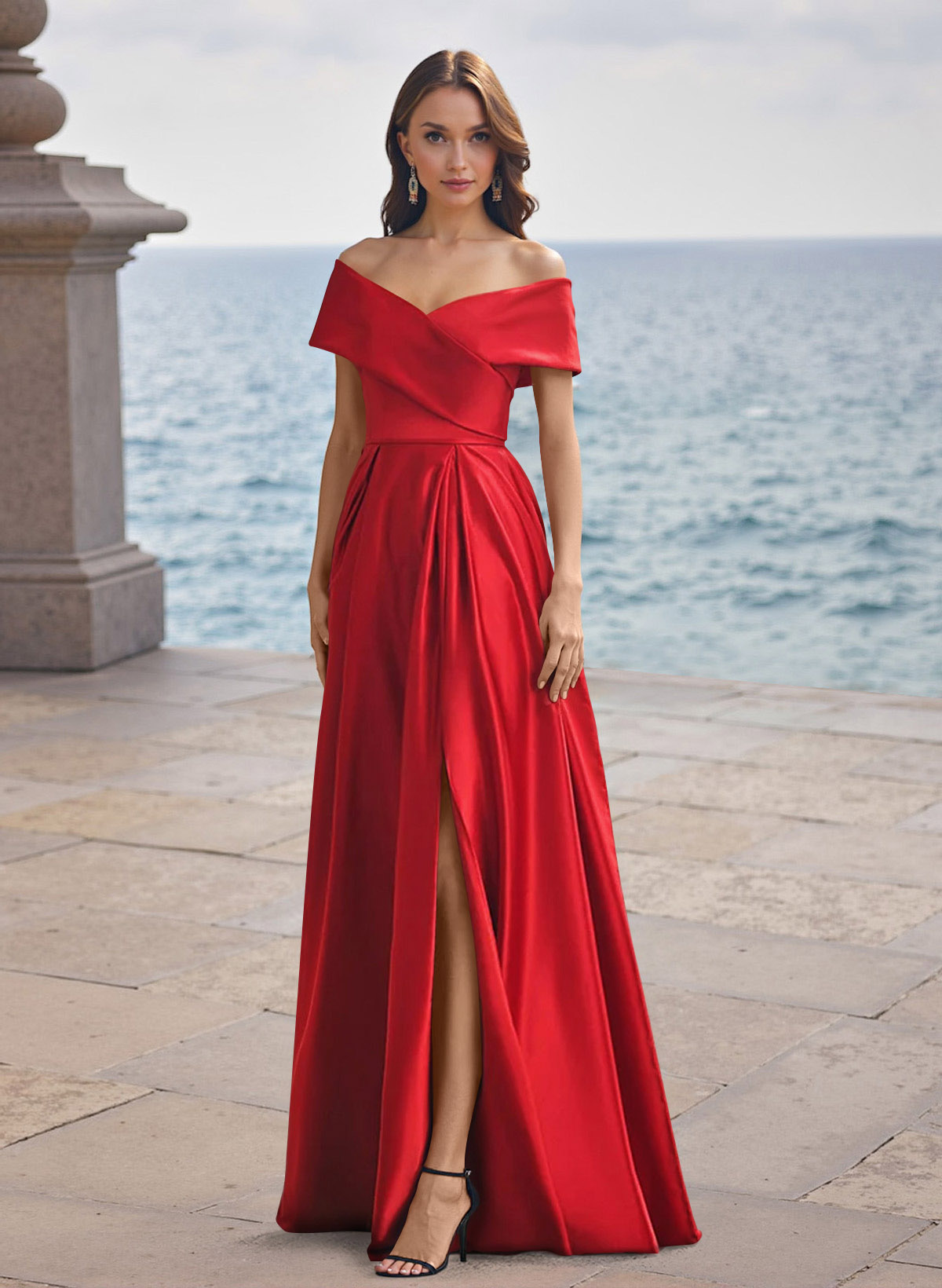 A-Line Off-The-Shoulder Sleeveless Satin Bridesmaid Dresses With Split Front, product image 1