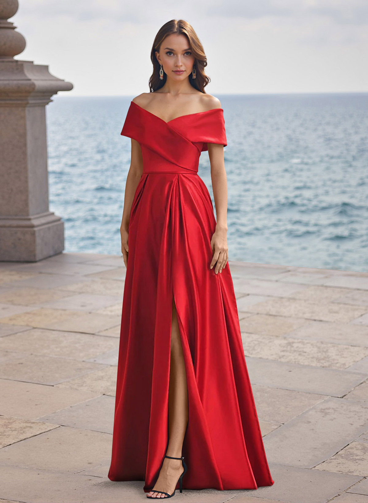 A-Line Off-The-Shoulder Sleeveless Satin Bridesmaid Dresses With Split Front in Red, US2