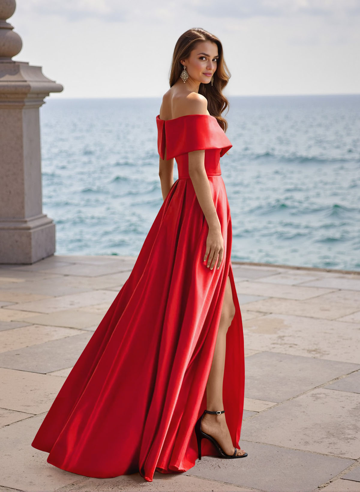 A-Line Off-The-Shoulder Sleeveless Satin Bridesmaid Dresses With Split Front, product image 2