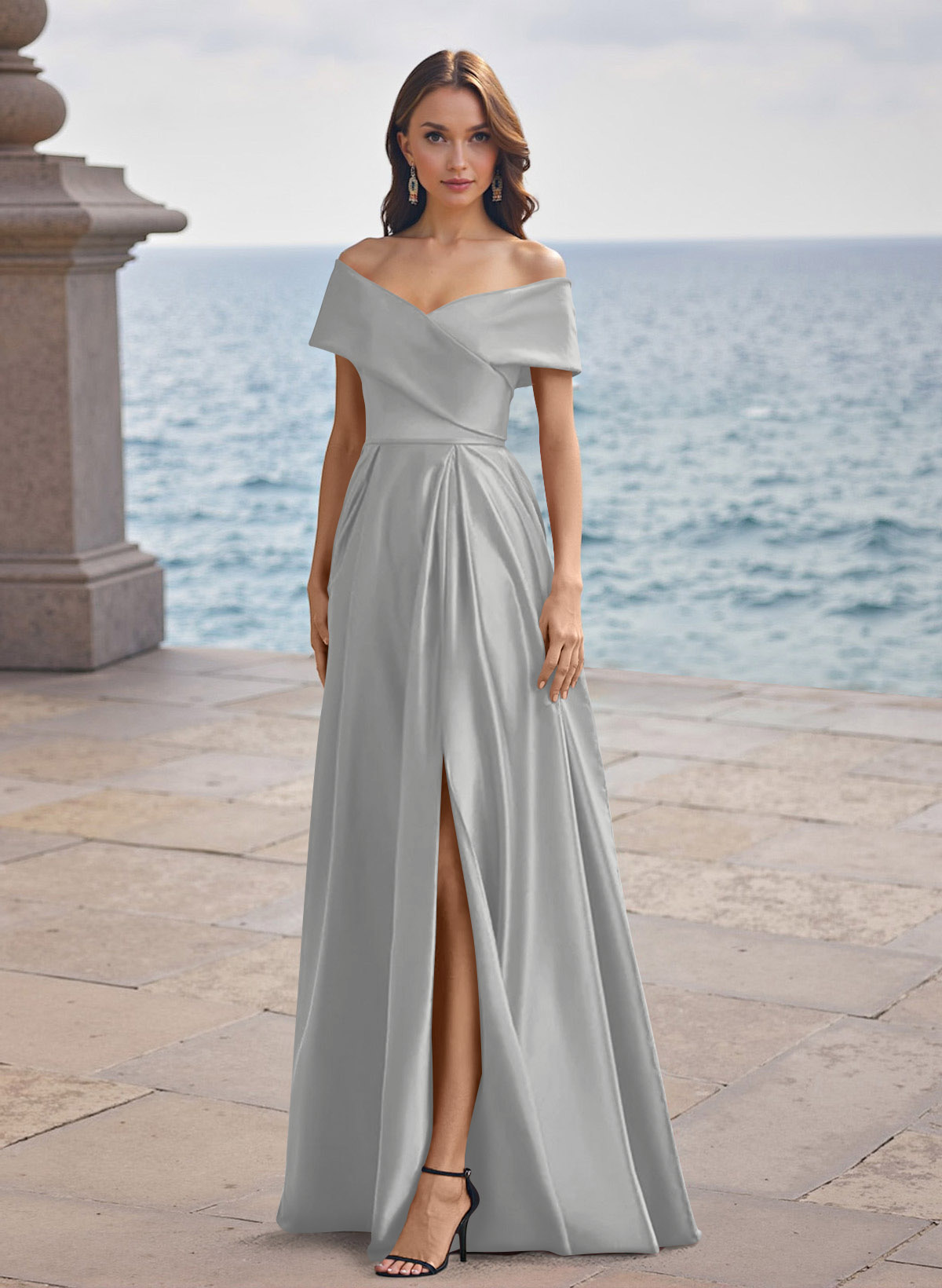 A-Line Off-The-Shoulder Sleeveless Satin Bridesmaid Dresses With Split Front, product image 109