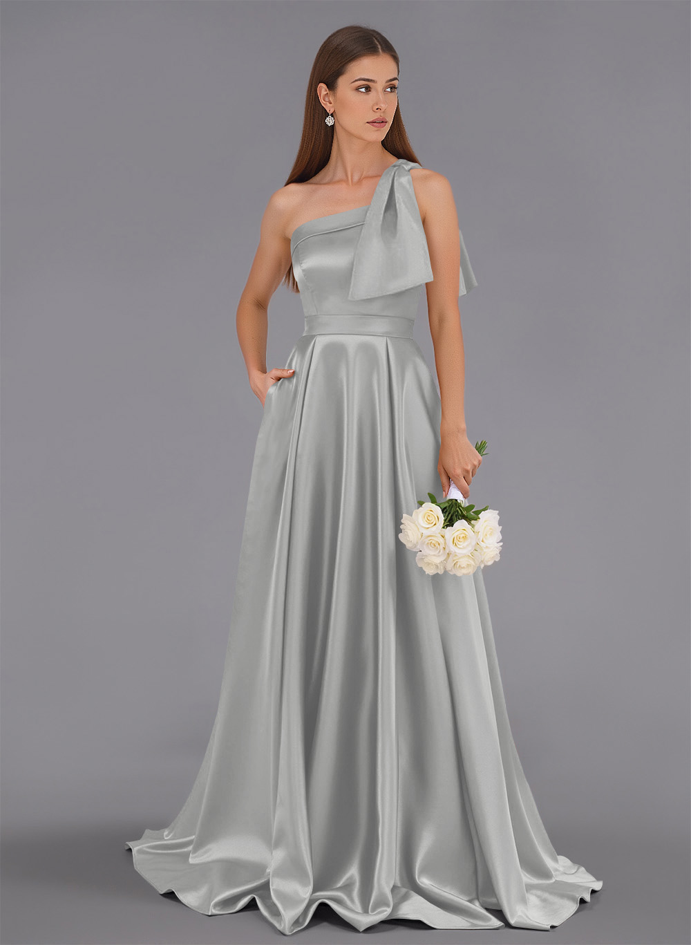 Classy Bow(s) One-Shoulder A-Line Sweep Train Satin Bridesmaid Dresses With Pockets, product image 28