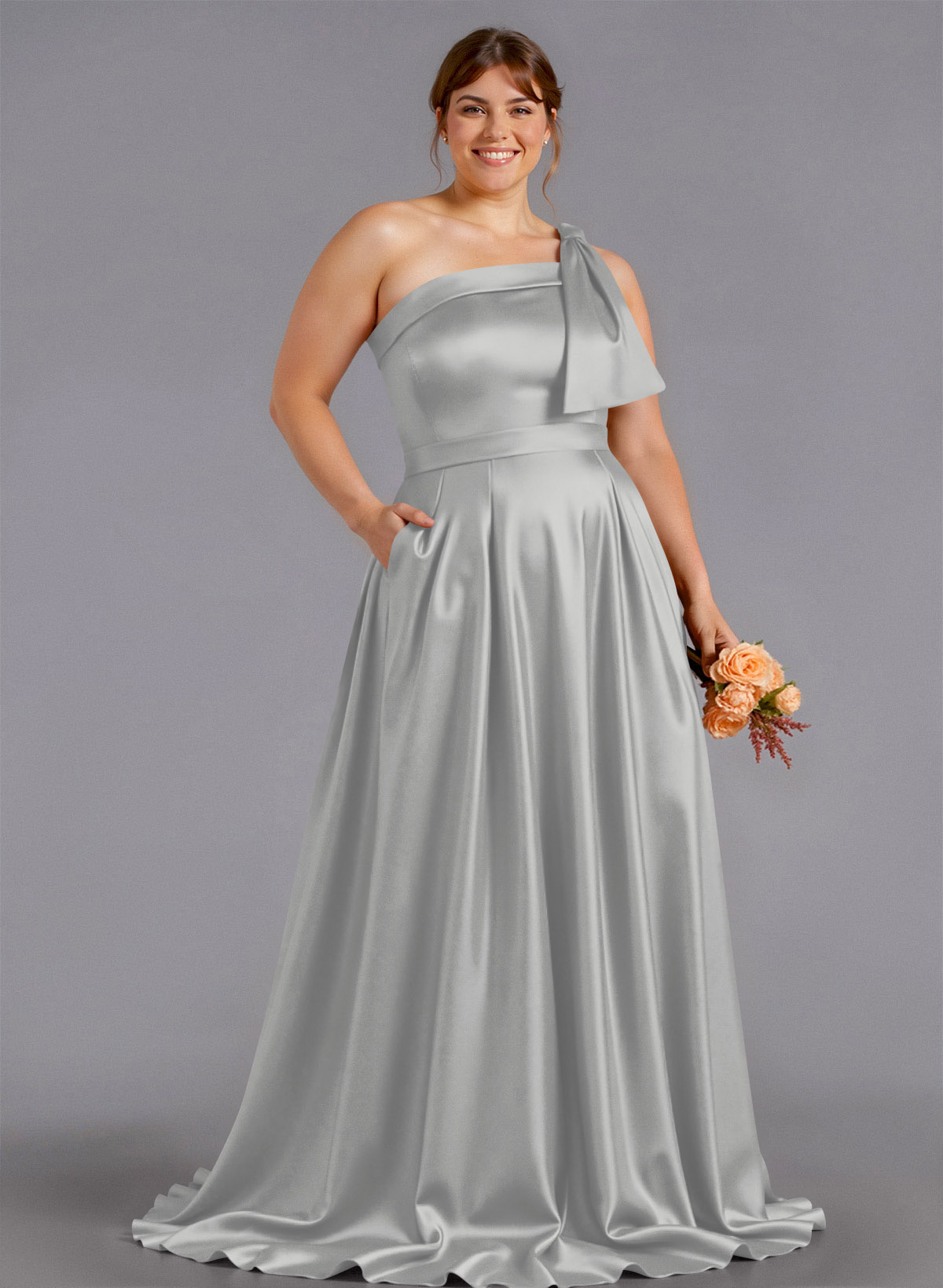 Classy Bow(s) One-Shoulder A-Line Sweep Train Satin Bridesmaid Dresses With Pockets, product image 164