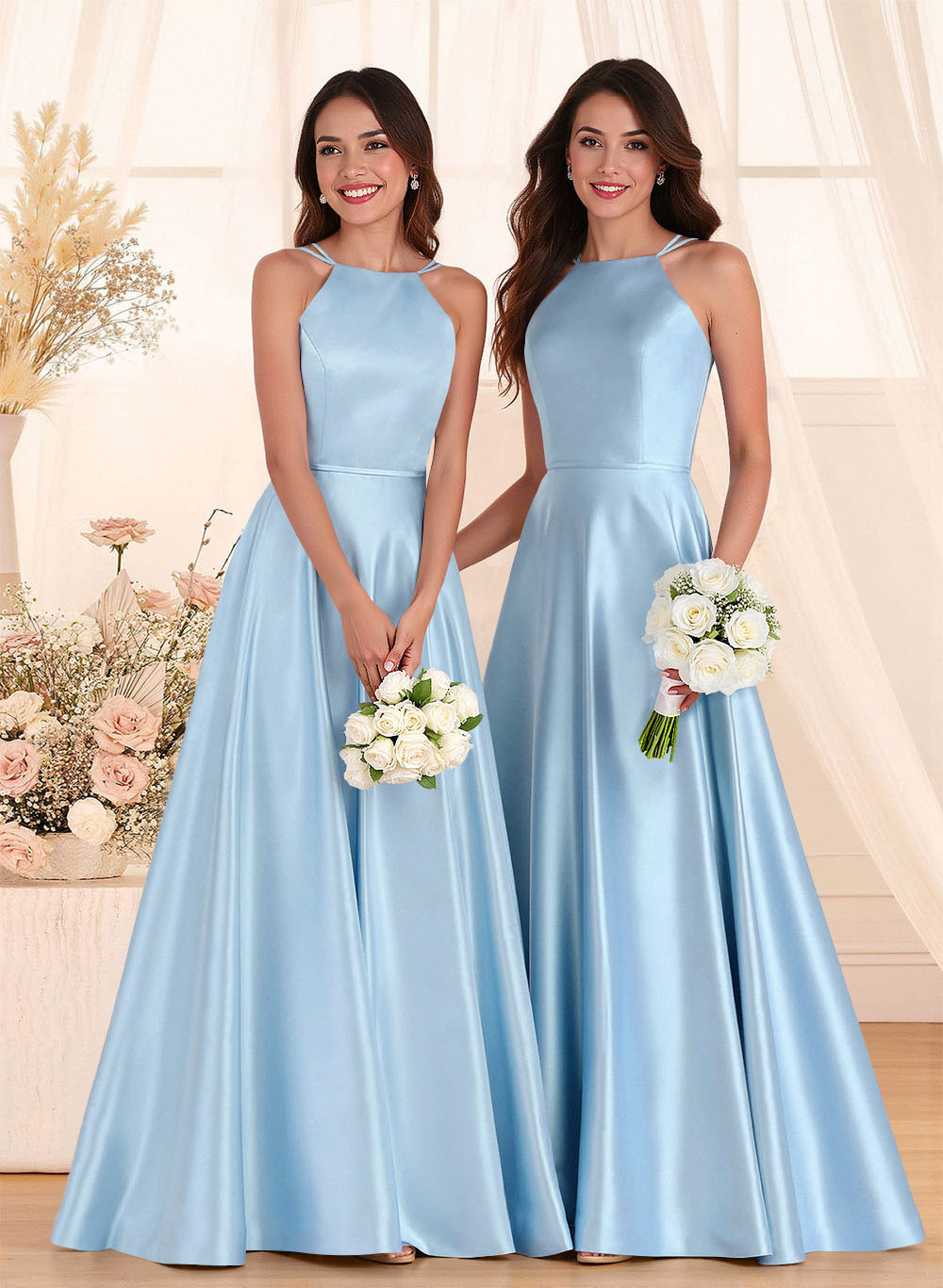 Classic Scoop Neck A-Line Floor-Length Satin Bridesmaid Dresses in Sky Blue, US2