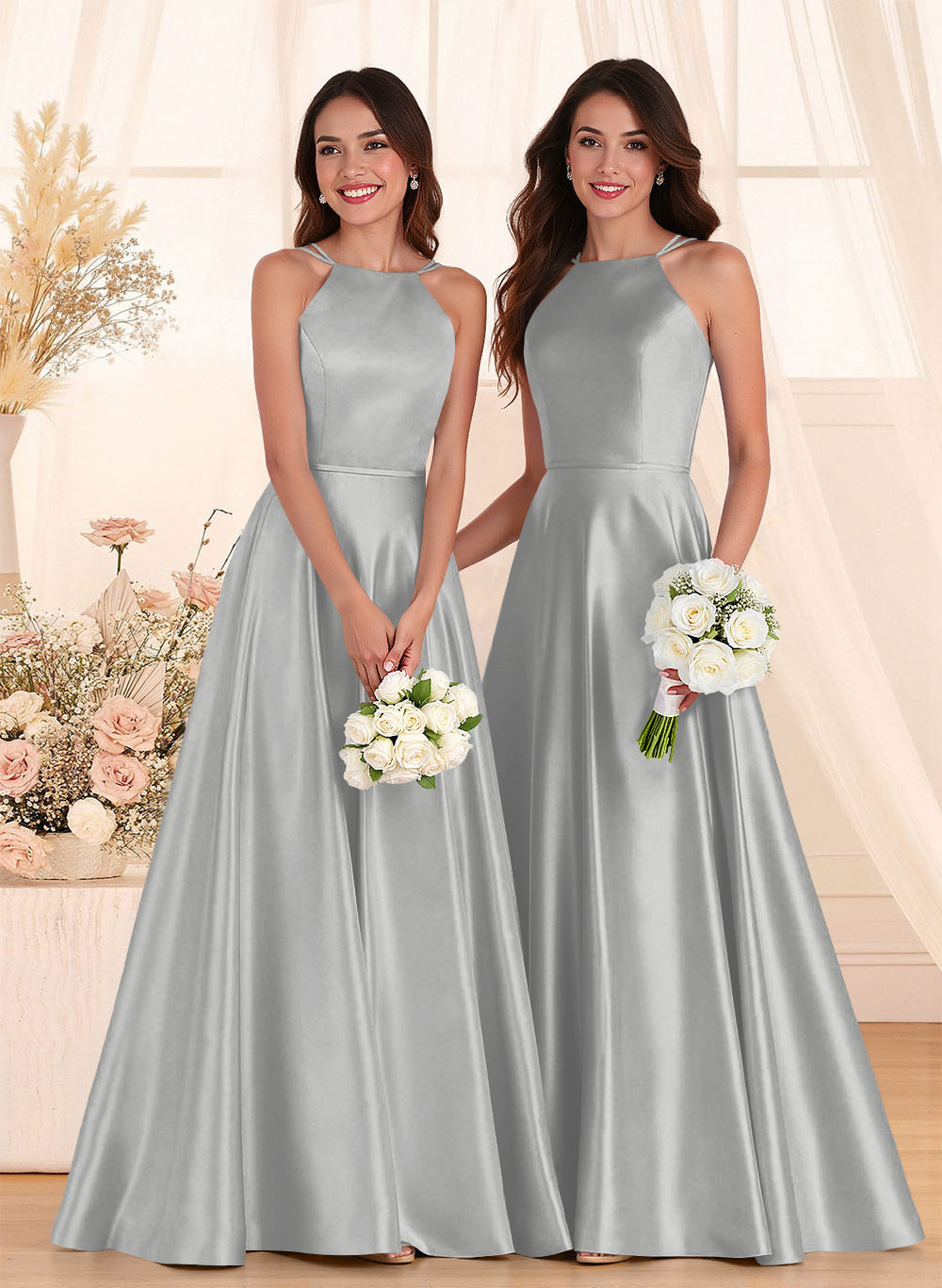 Classic Scoop Neck A-Line Floor-Length Satin Bridesmaid Dresses, product image 34
