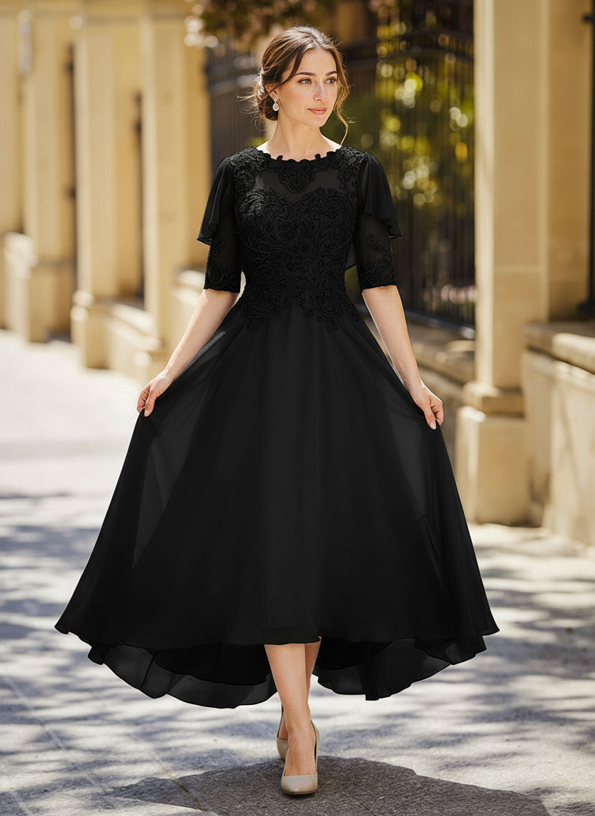 Illusion Neck 1/2 Sleeves A-Line Ankle-Length Chiffon Mother Of The Bride Dresses