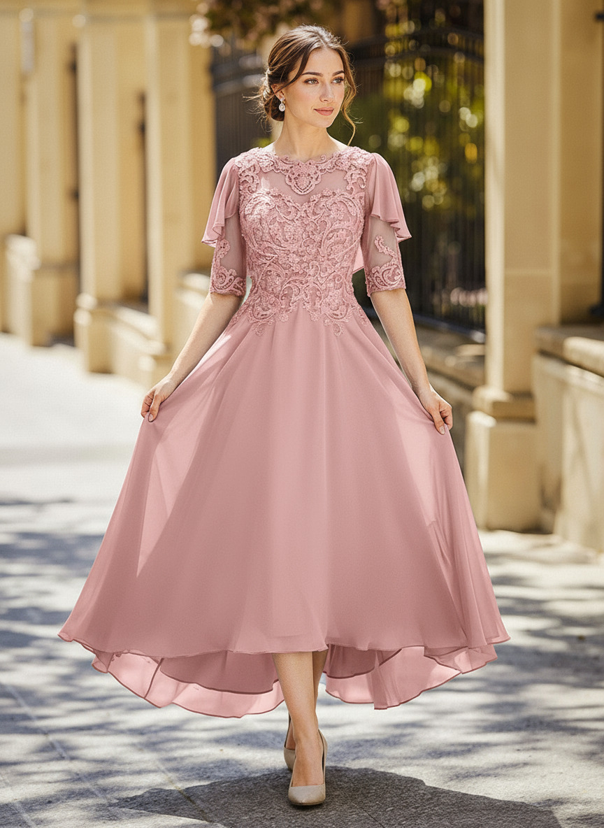 Illusion Neck 1/2 Sleeves A-Line Ankle-Length Chiffon Mother Of The Bride Dresses