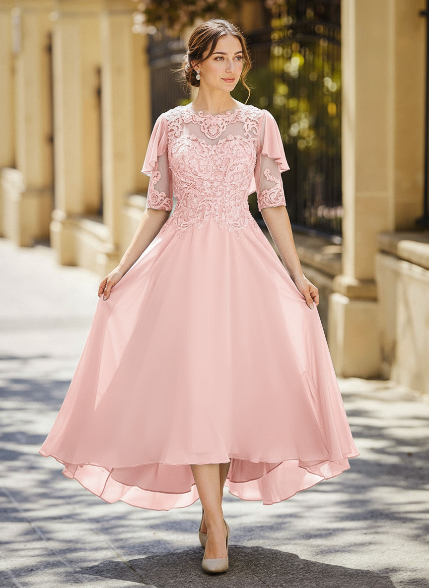Illusion Neck 1/2 Sleeves A-Line Ankle-Length Chiffon Mother Of The Bride Dresses