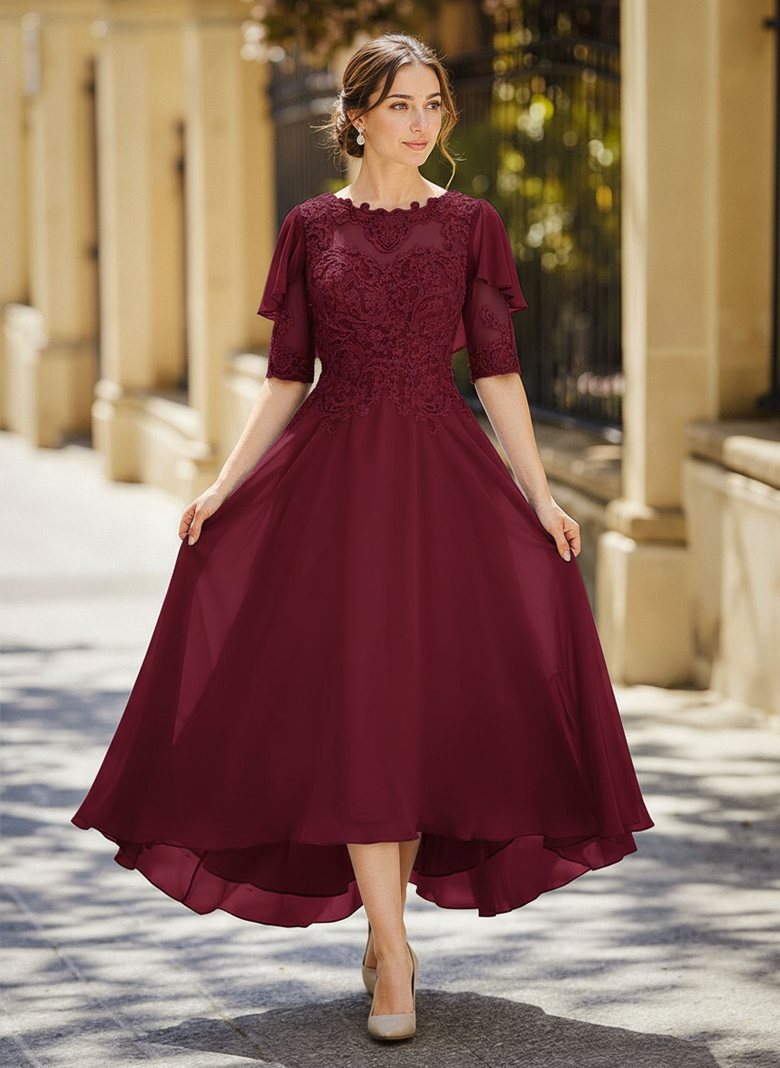 Illusion Neck 1/2 Sleeves A-Line Ankle-Length Chiffon Mother Of The Bride Dresses