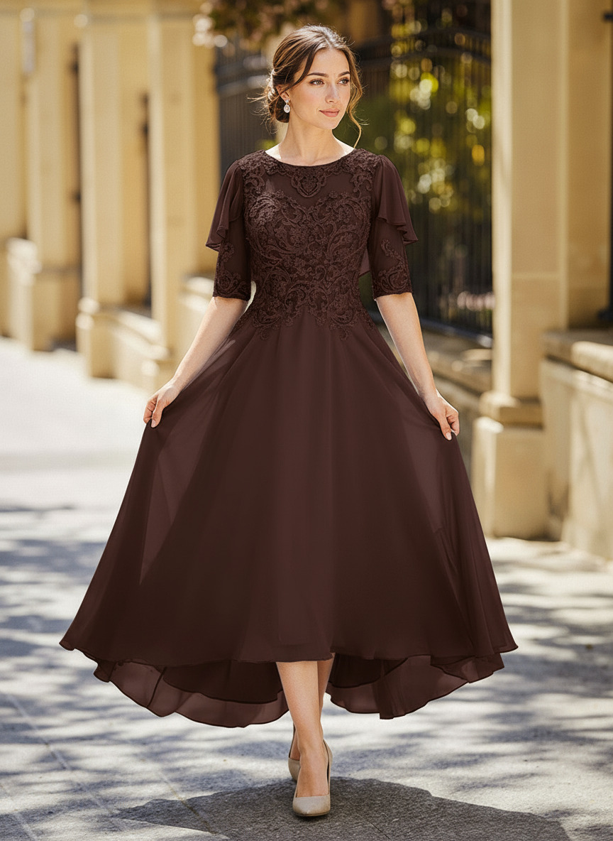 Illusion Neck 1/2 Sleeves A-Line Ankle-Length Chiffon Mother Of The Bride Dresses