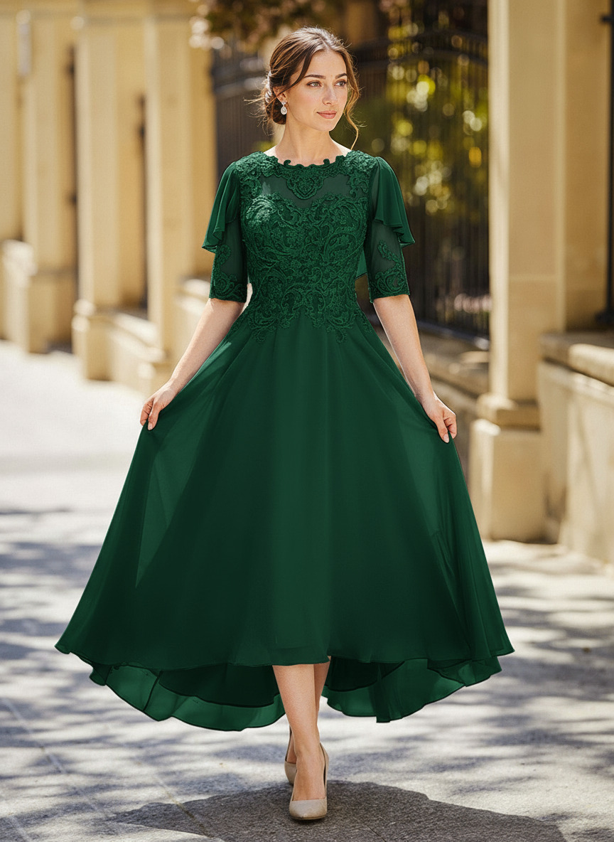 Illusion Neck 1/2 Sleeves A-Line Ankle-Length Chiffon Mother Of The Bride Dresses