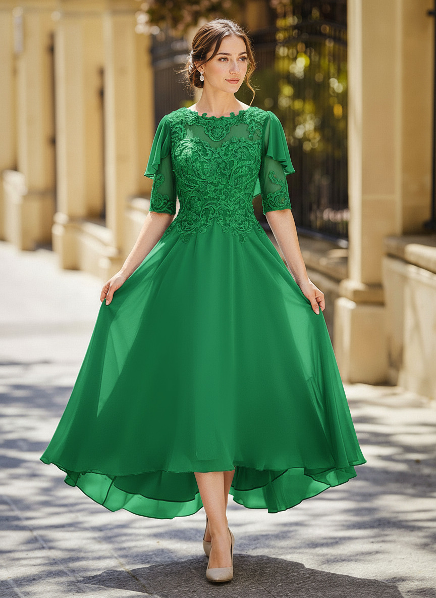 Illusion Neck 1/2 Sleeves A-Line Ankle-Length Chiffon Mother Of The Bride Dresses