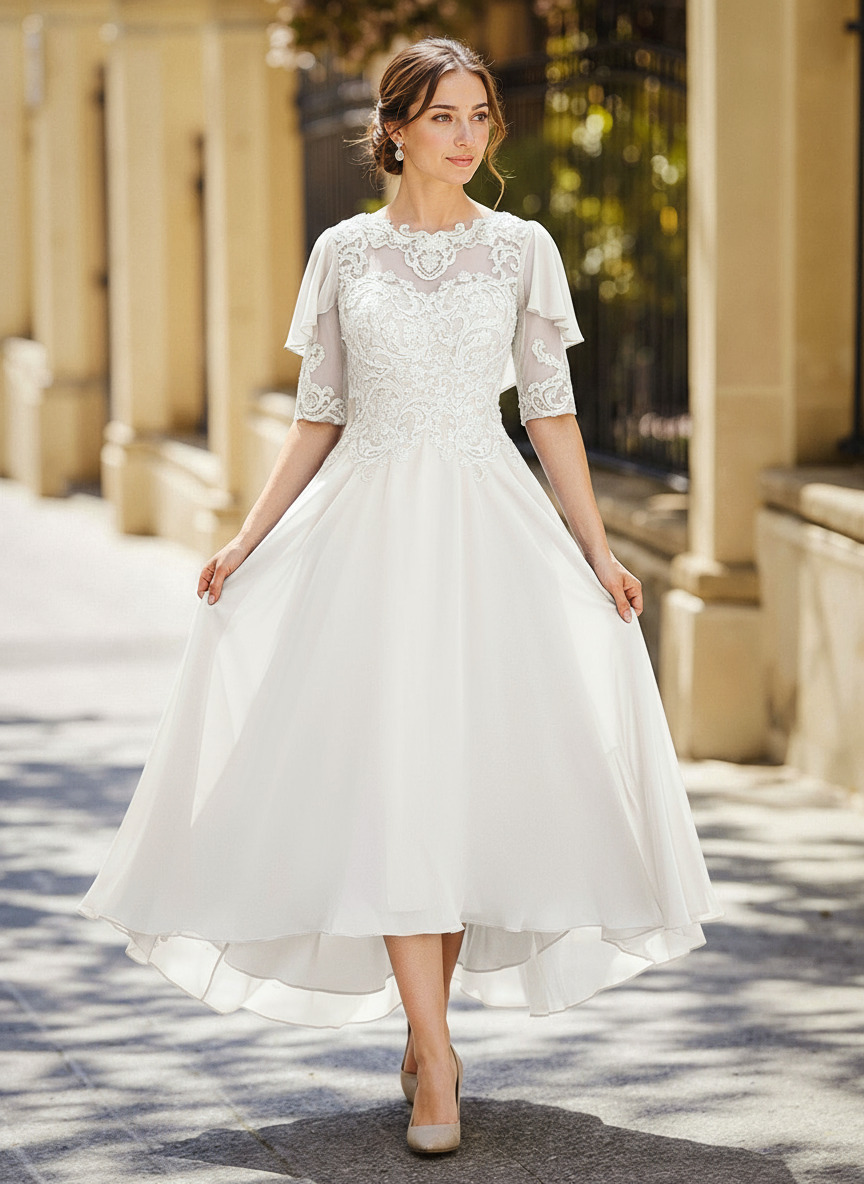 Illusion Neck 1/2 Sleeves A-Line Ankle-Length Chiffon Mother Of The Bride Dresses