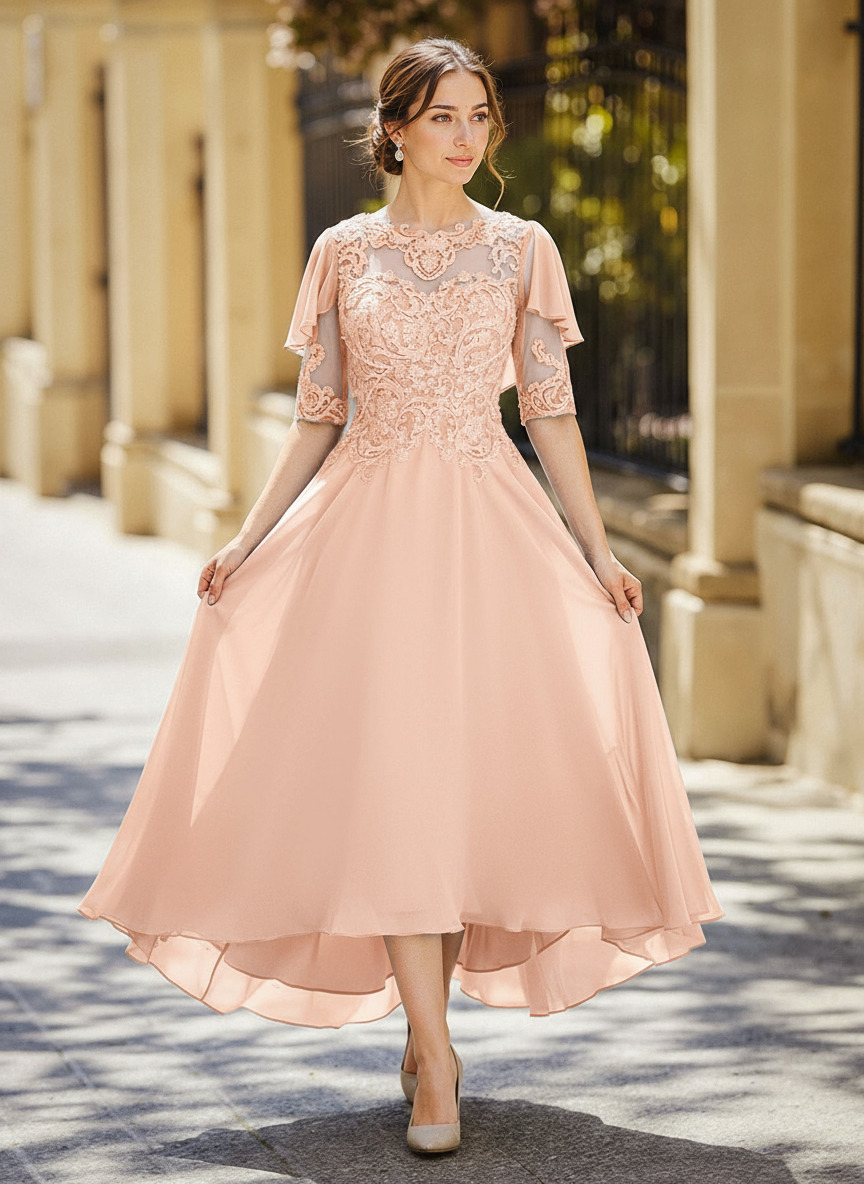 Illusion Neck 1/2 Sleeves A-Line Ankle-Length Chiffon Mother Of The Bride Dresses