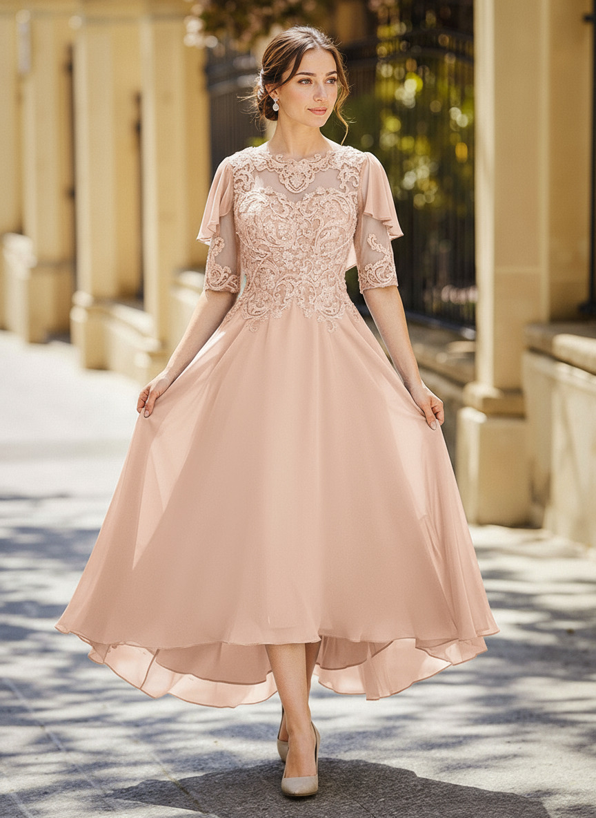 Illusion Neck 1/2 Sleeves A-Line Ankle-Length Chiffon Mother Of The Bride Dresses