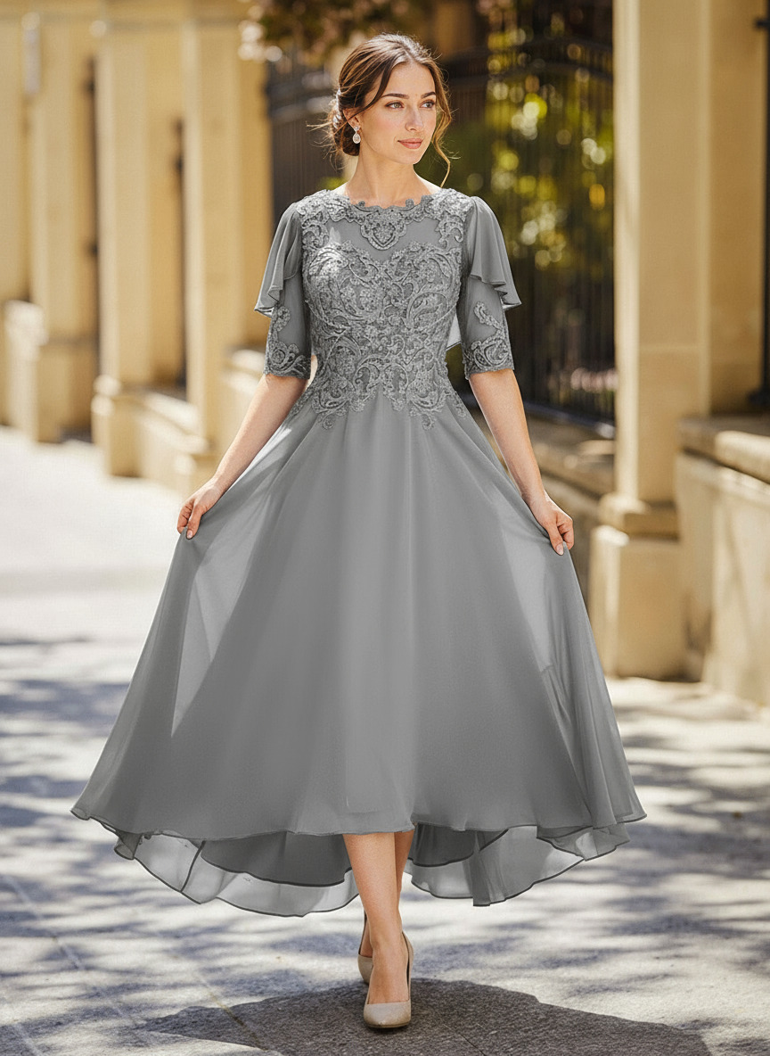 Illusion Neck 1/2 Sleeves A-Line Ankle-Length Chiffon Mother Of The Bride Dresses